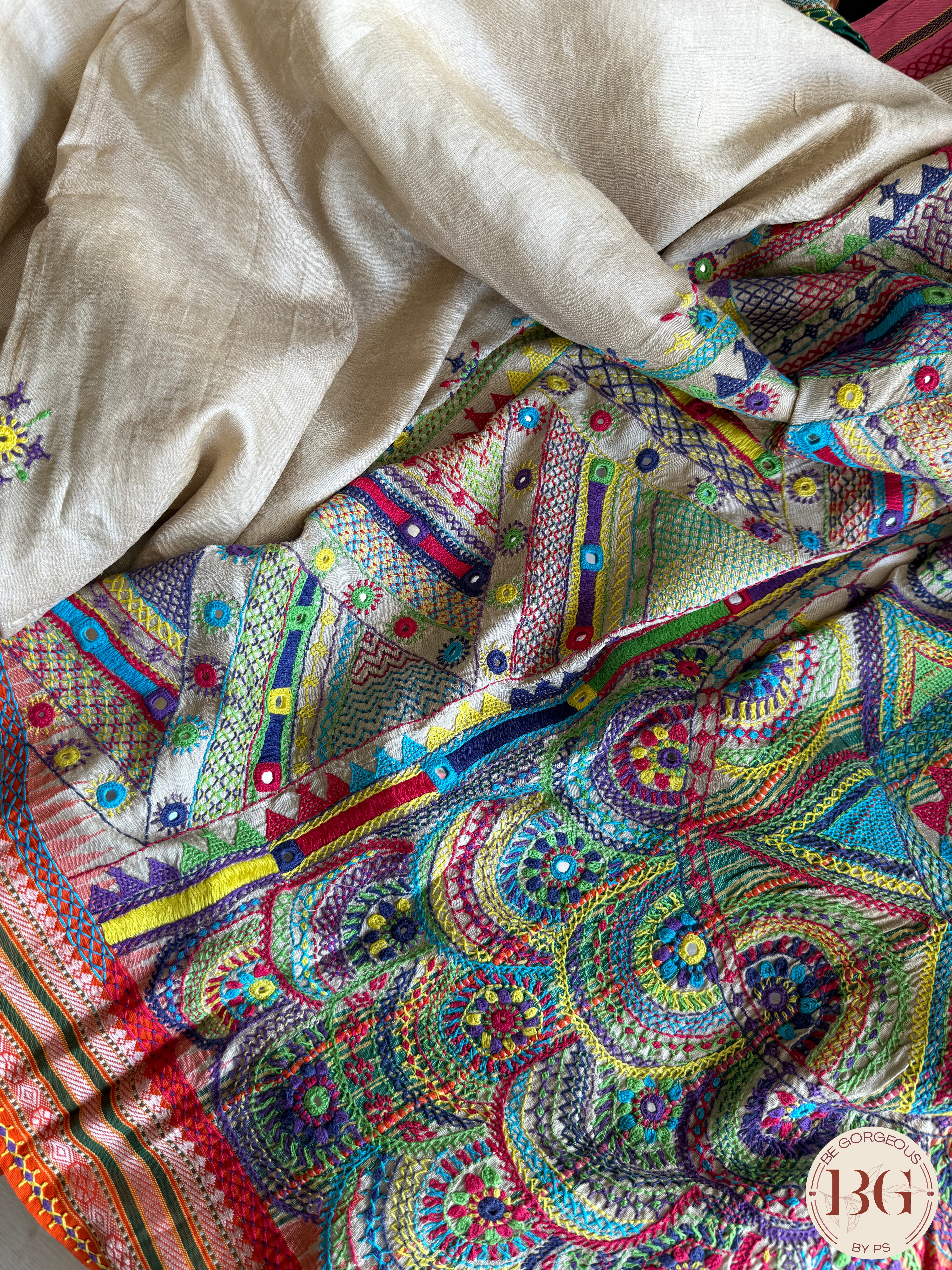 Lambani hand embroidery with mirror detailing on vidharba tussar - Beige