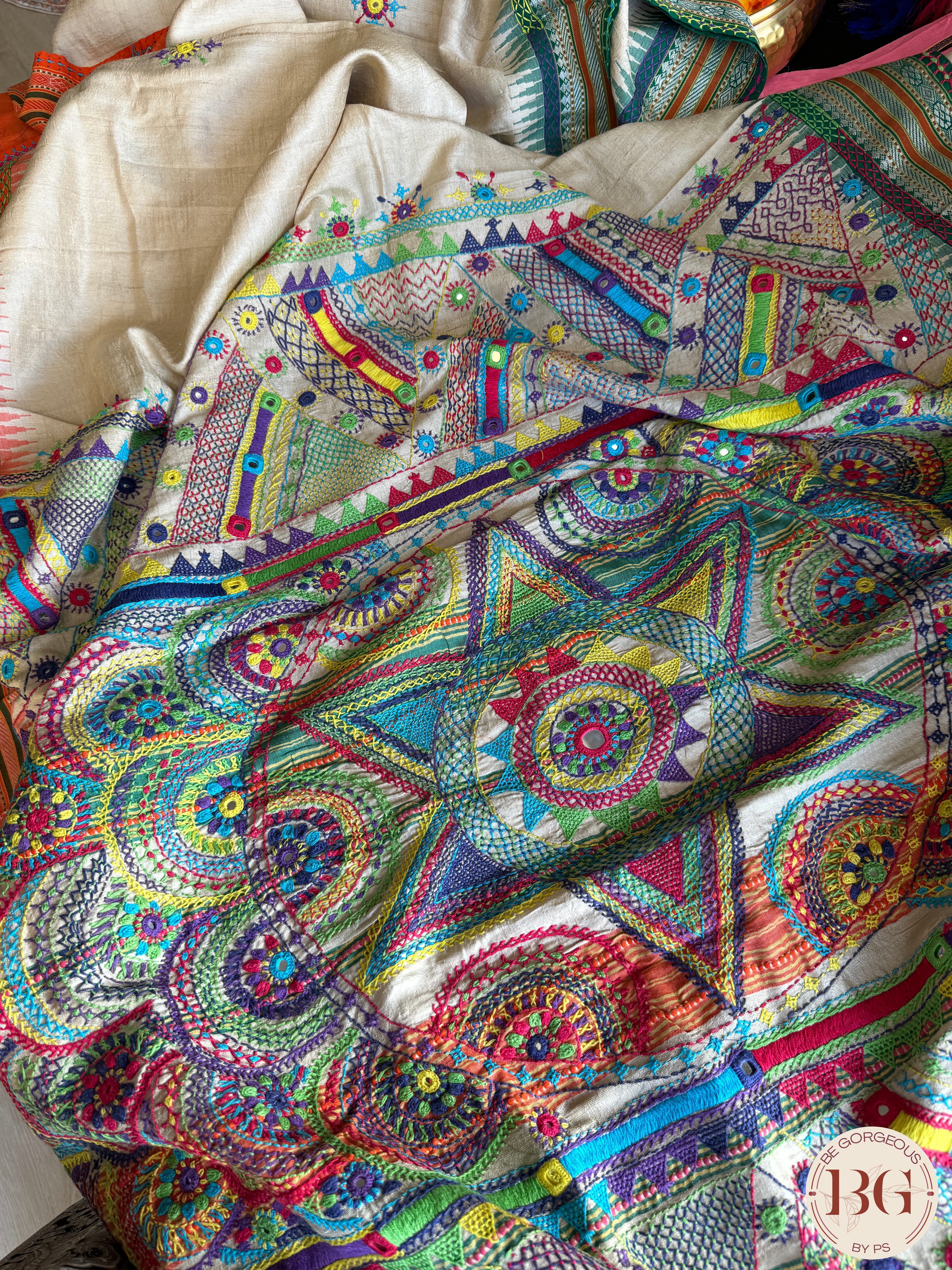 Lambani hand embroidery with mirror detailing on vidharba tussar - Beige