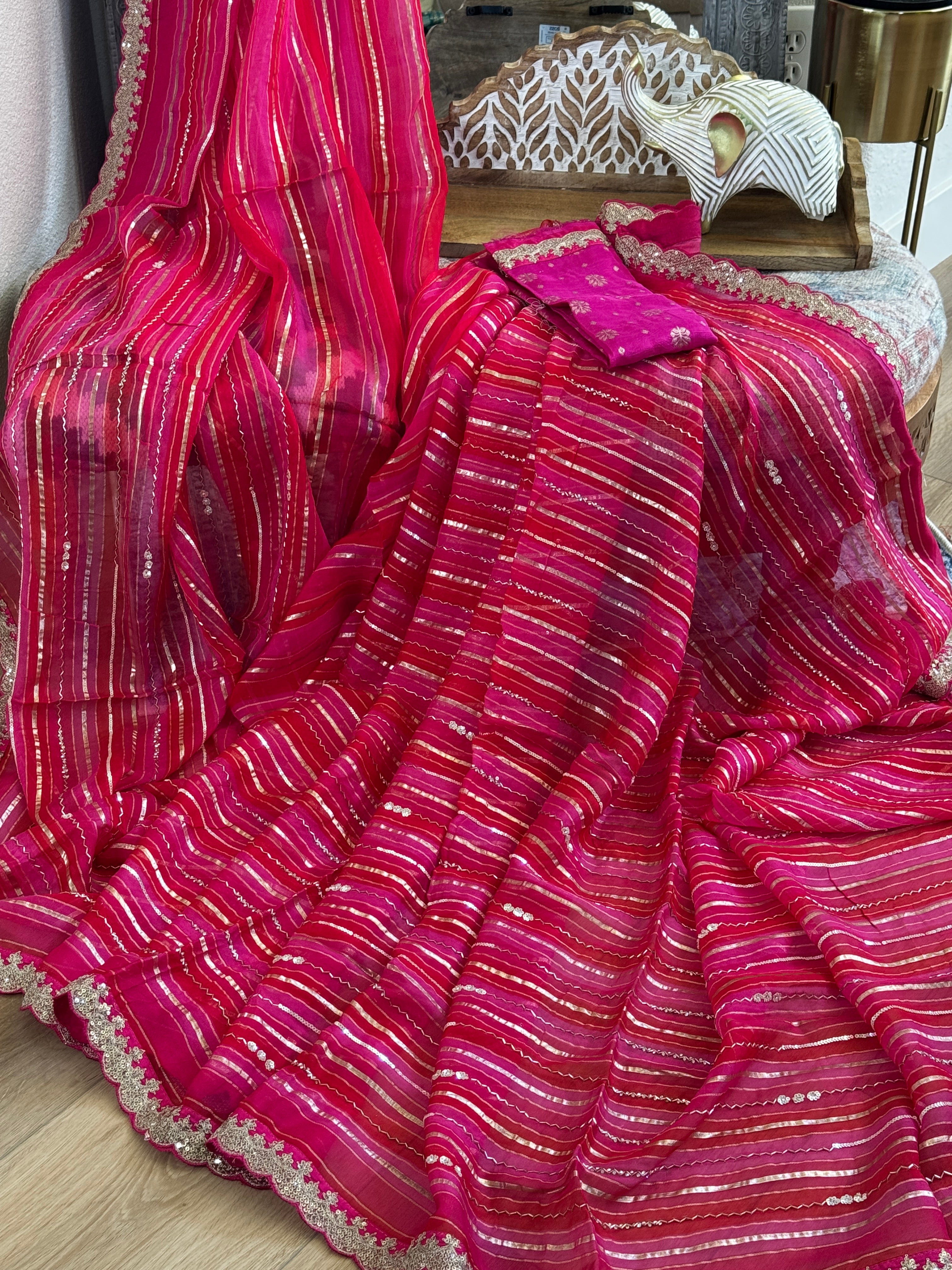 Organza Saree with stripes, sequin and gota lace - pink