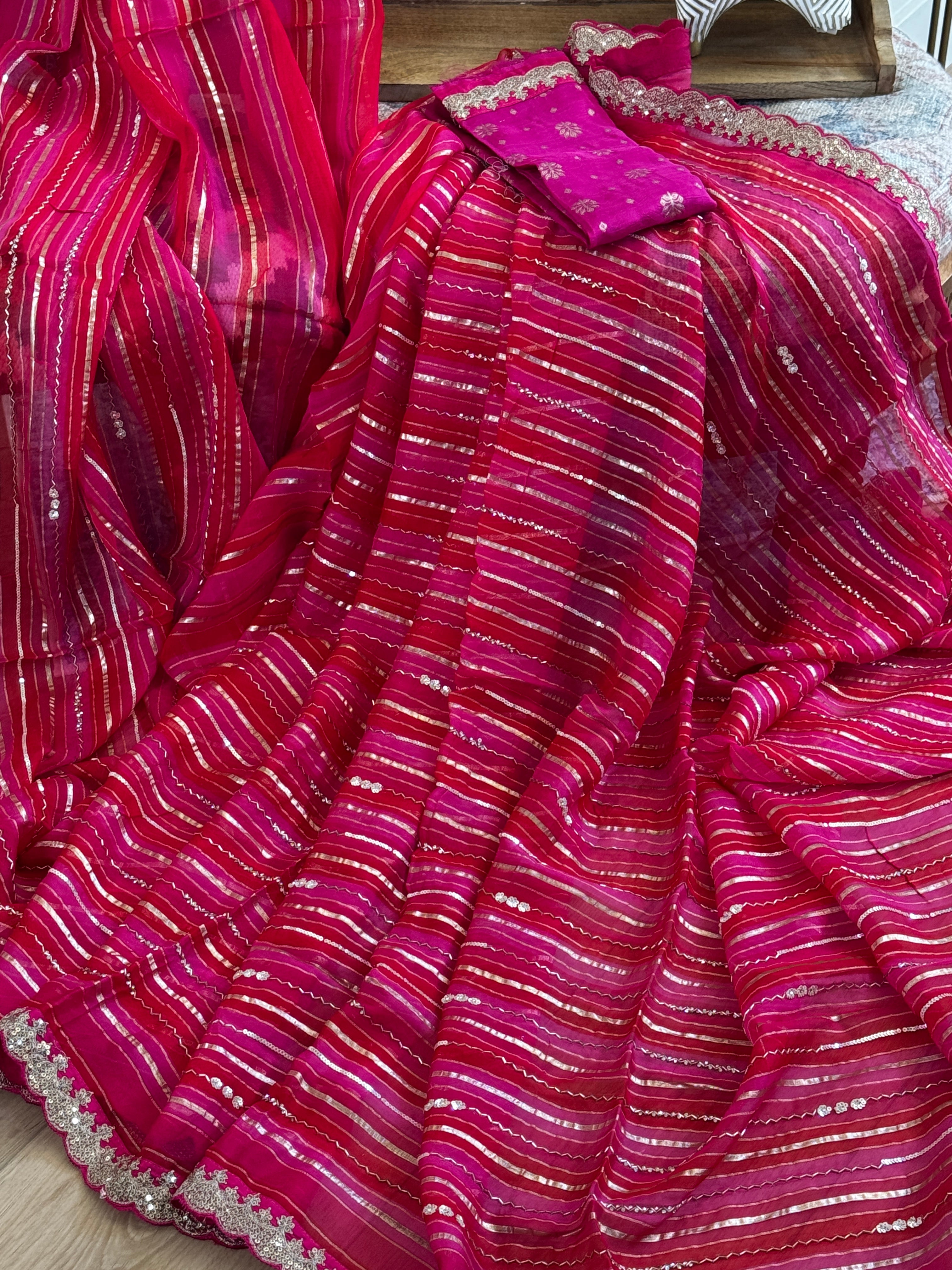 Organza Saree with stripes, sequin and gota lace - pink