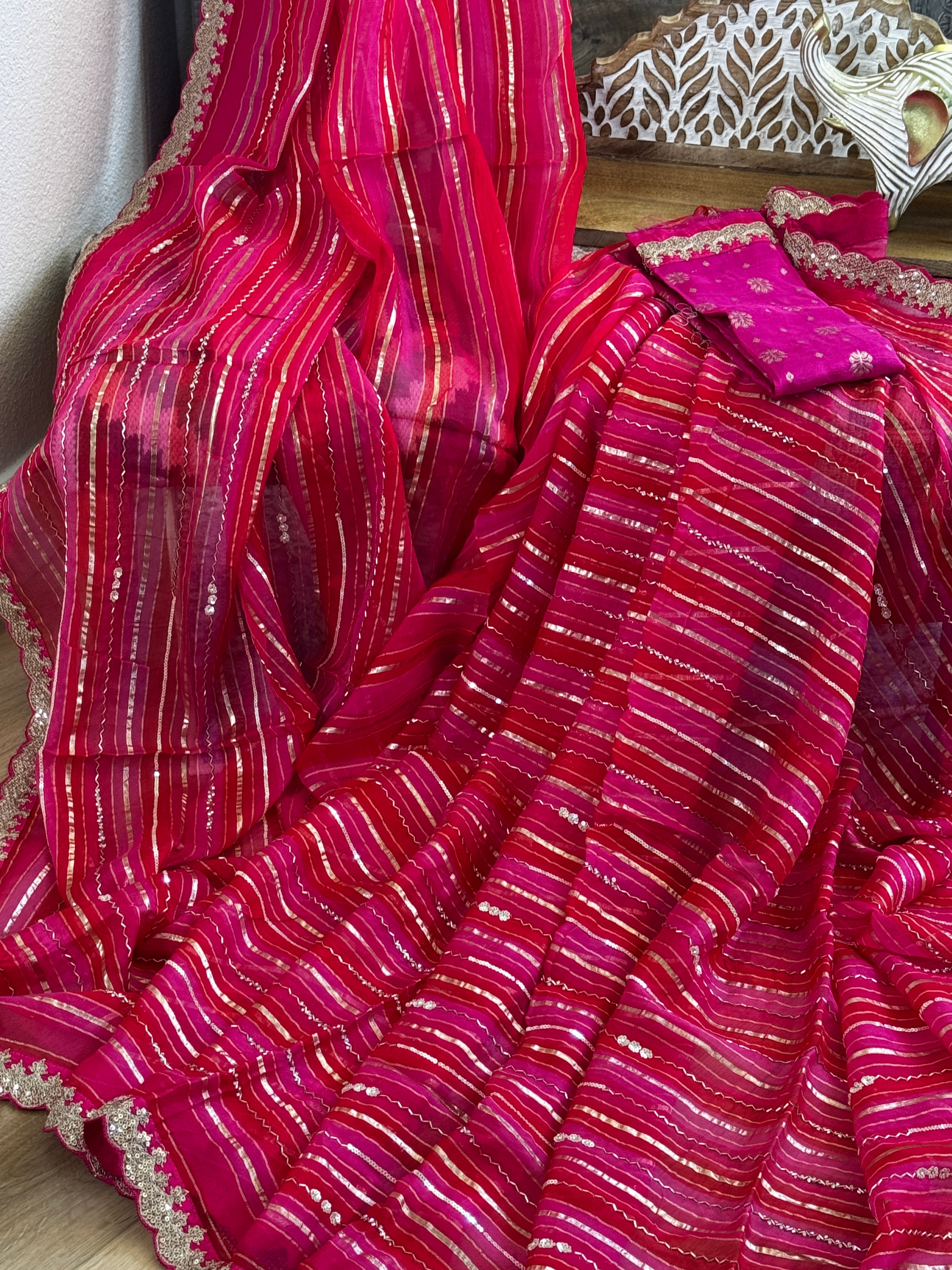 Organza Saree with stripes, sequin and gota lace - pink