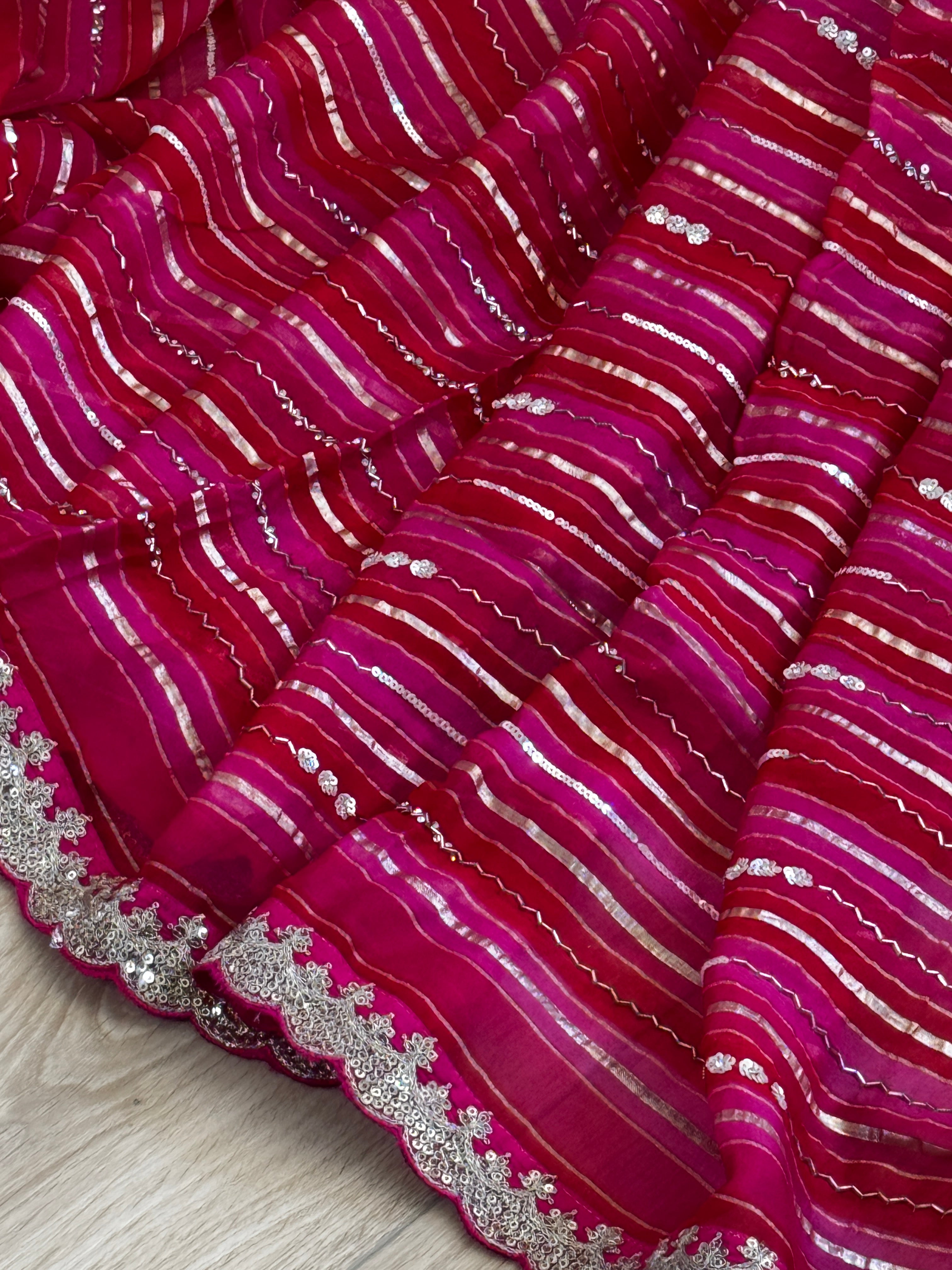 Organza Saree with stripes, sequin and gota lace - pink