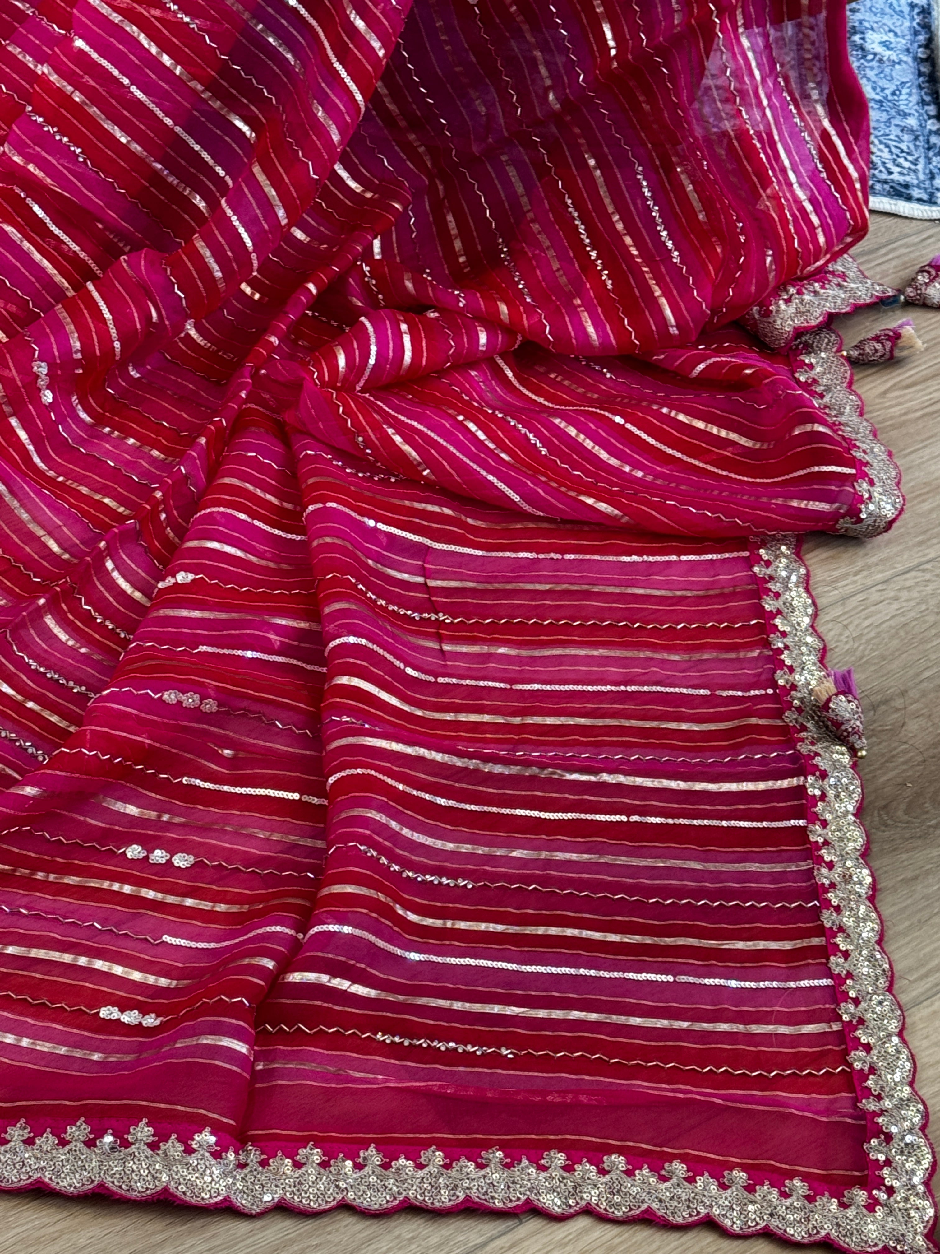 Organza Saree with stripes, sequin and gota lace - pink