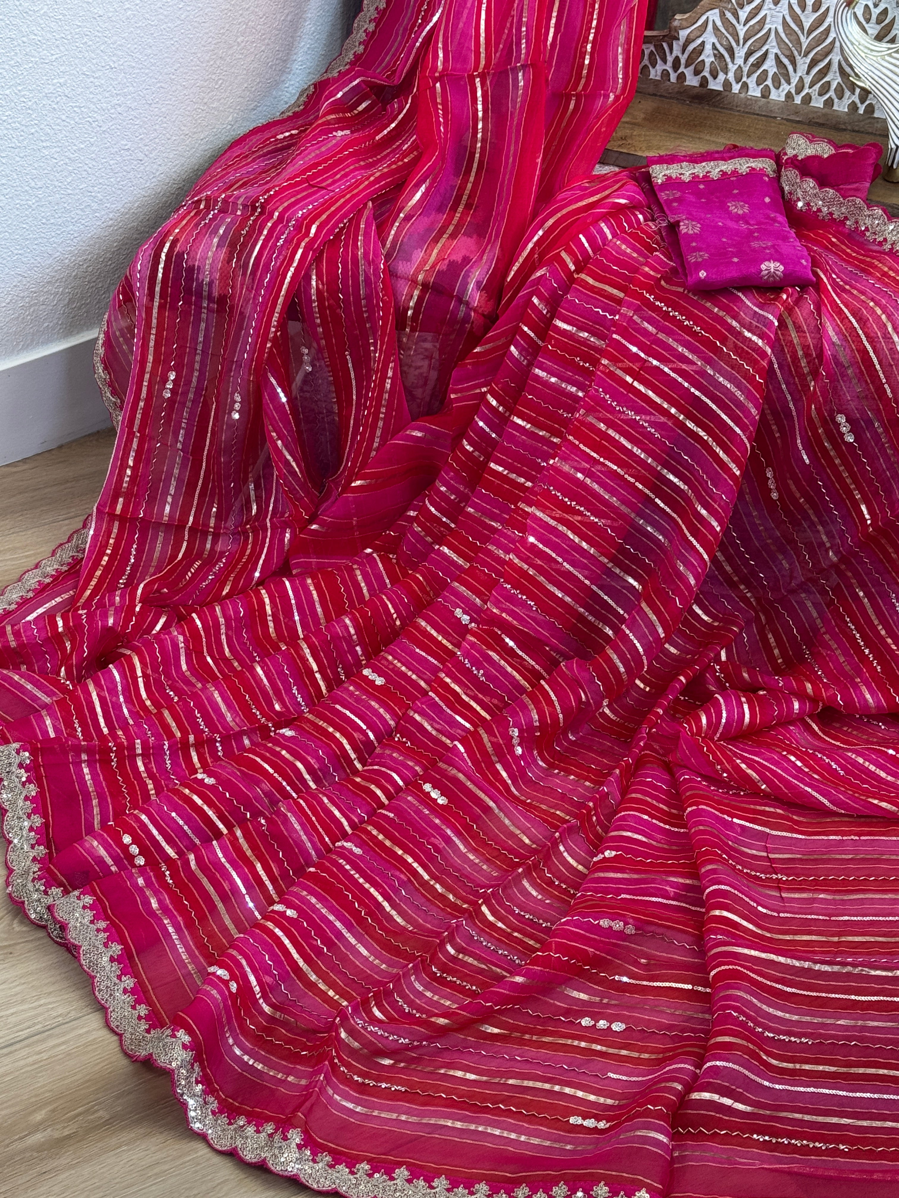 Organza Saree with stripes, sequin and gota lace - pink