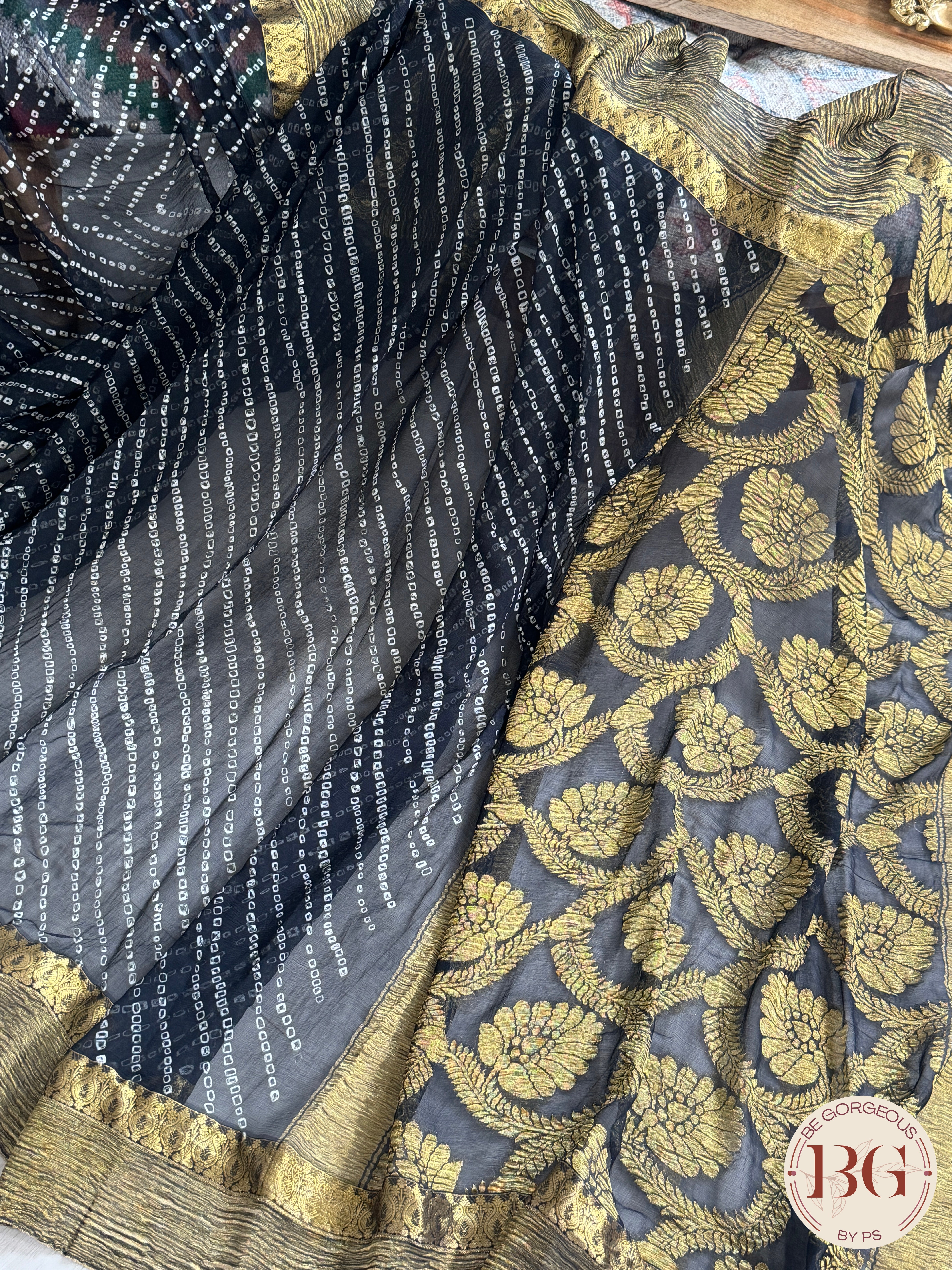 Bandhej miniature bandhani on pure chiffon - black color