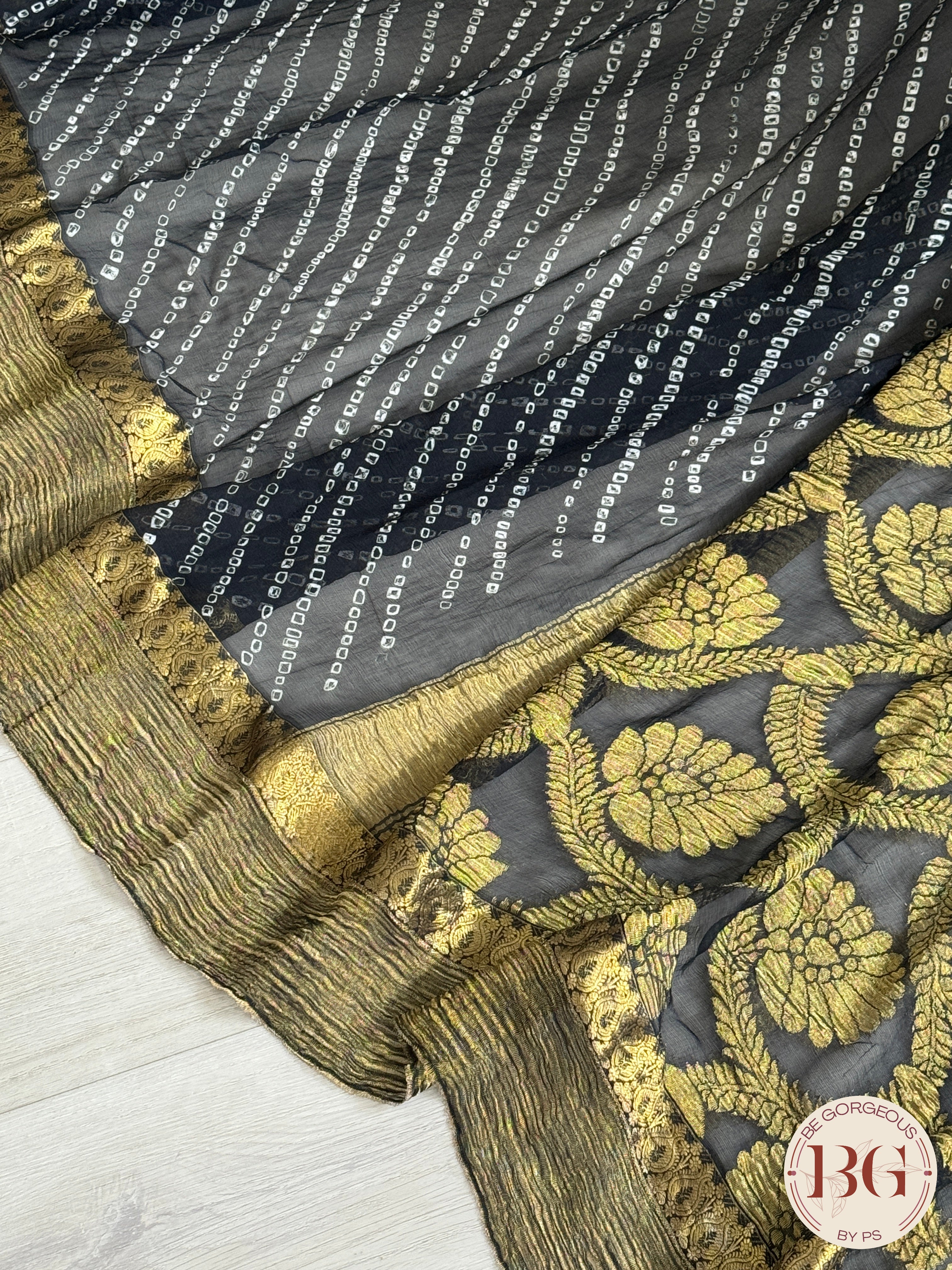 Bandhej miniature bandhani on pure chiffon - black color