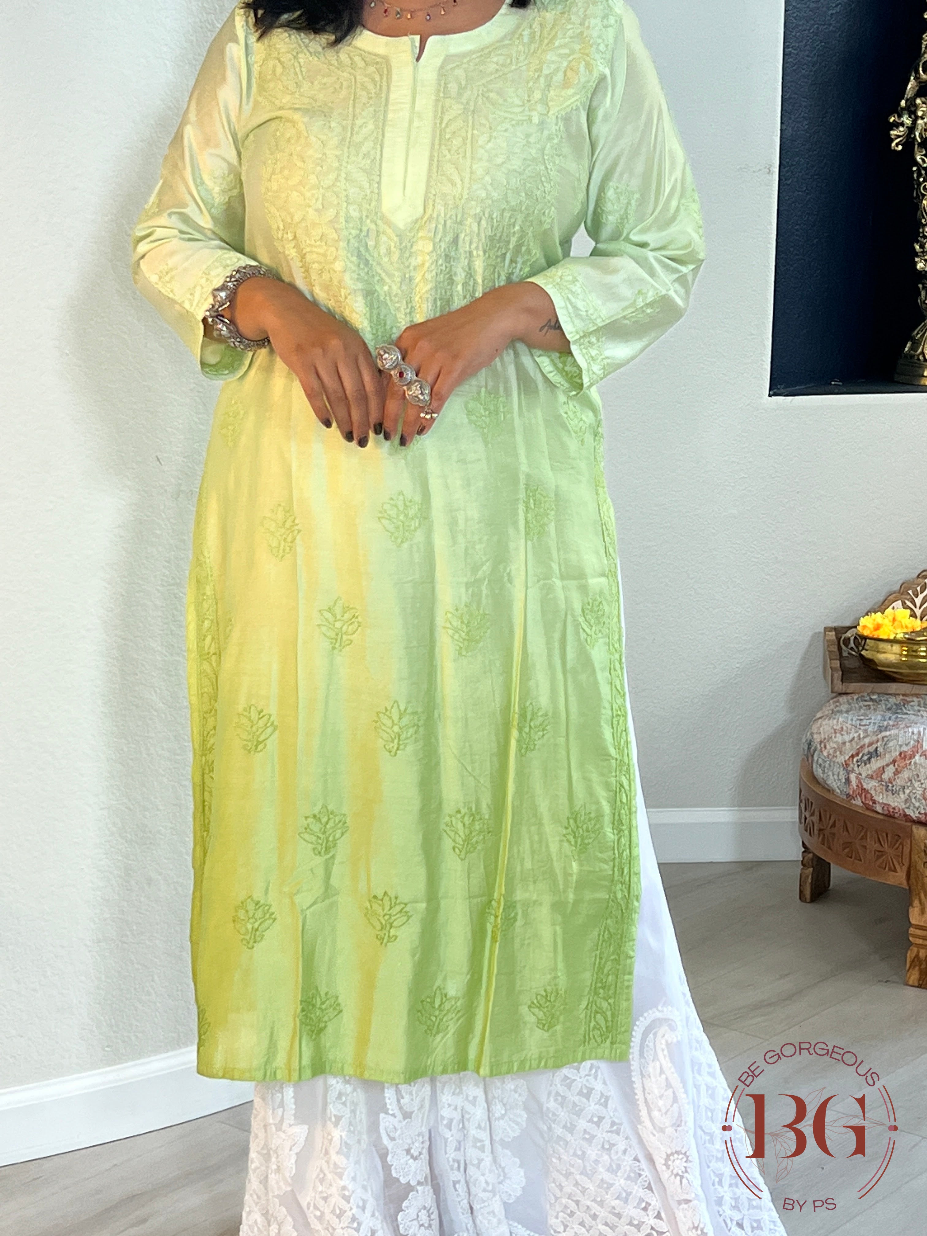 Muslin Silk Shaded Chikankari Pista Green Kurti