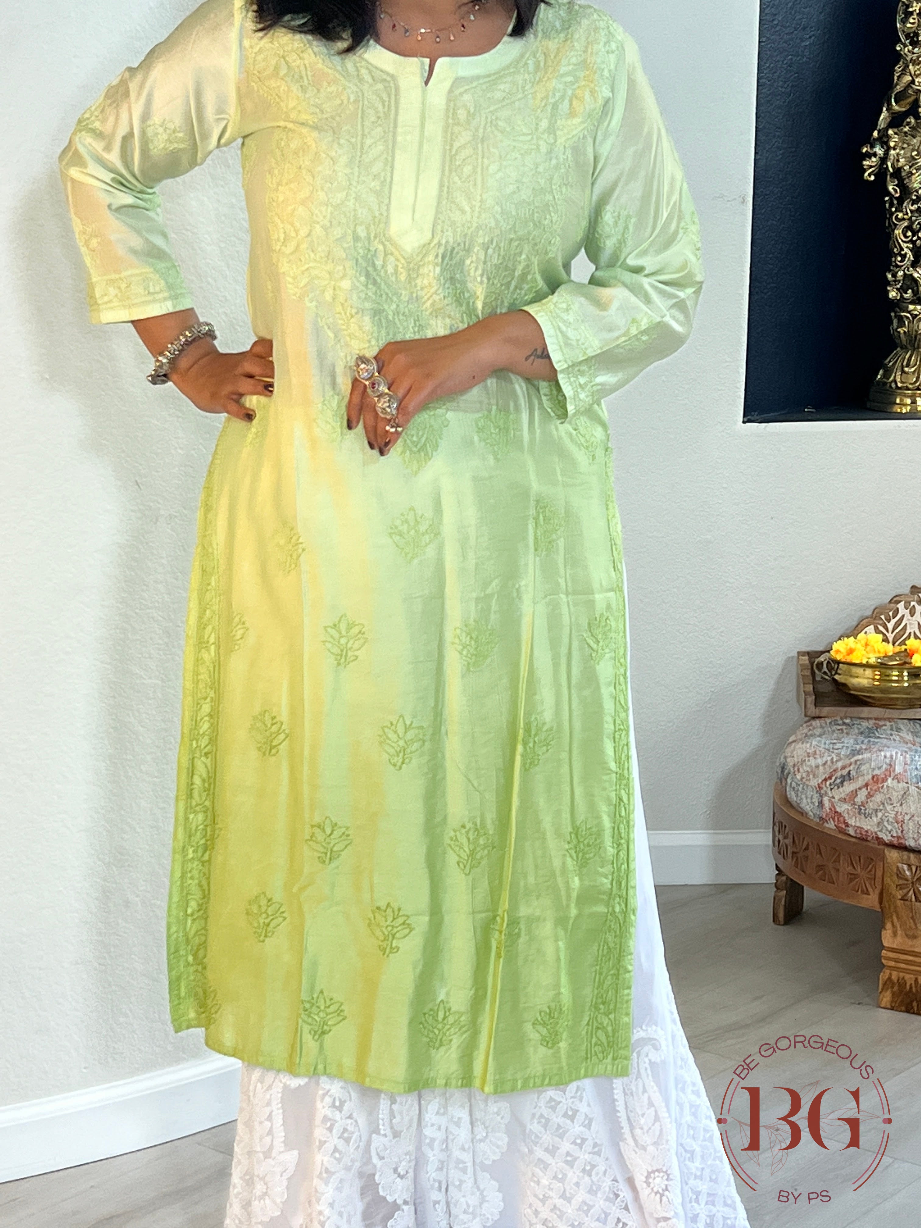 Muslin Silk Shaded Chikankari Pista Green Kurti