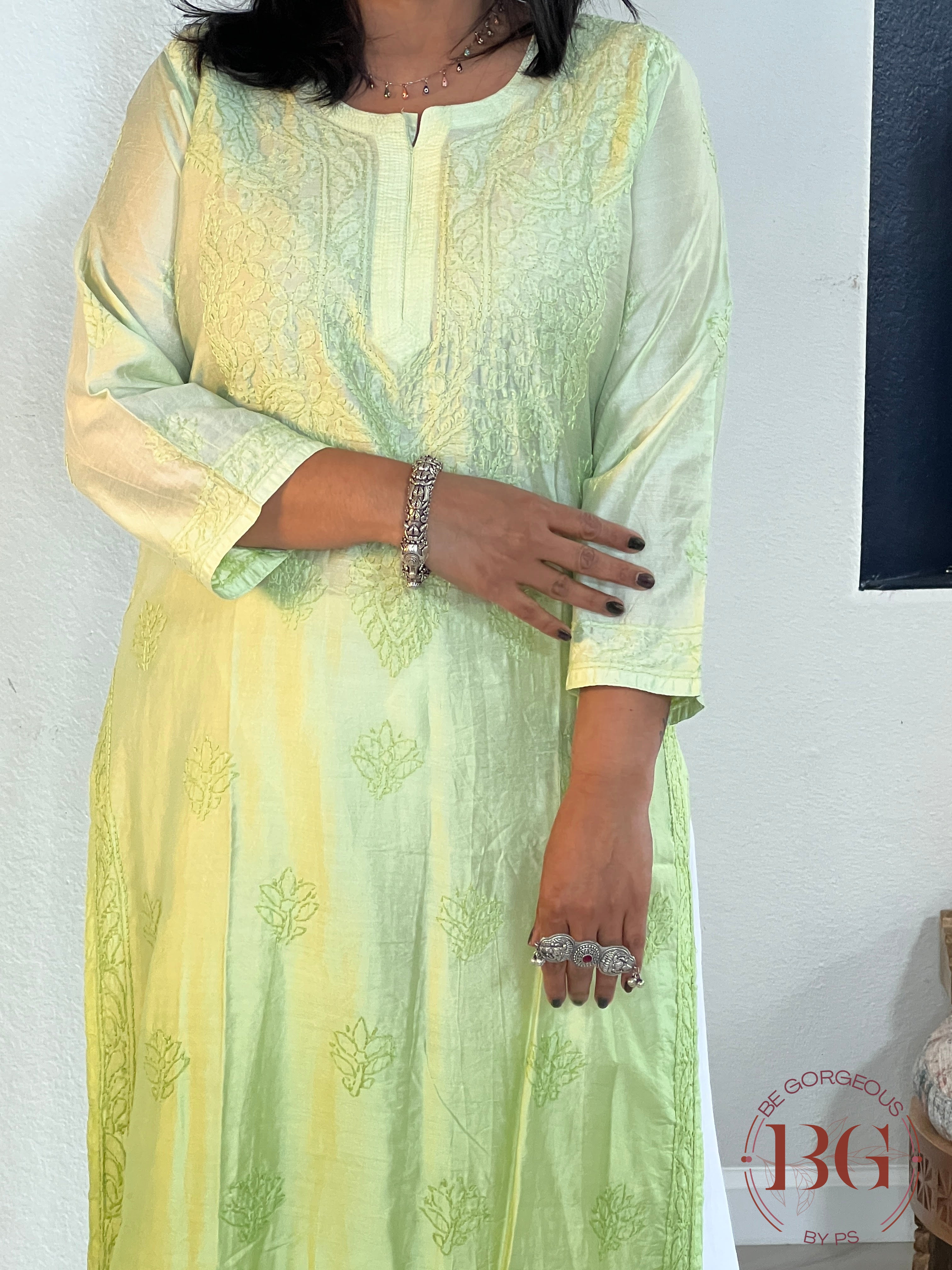 Muslin Silk Shaded Chikankari Pista Green Kurti