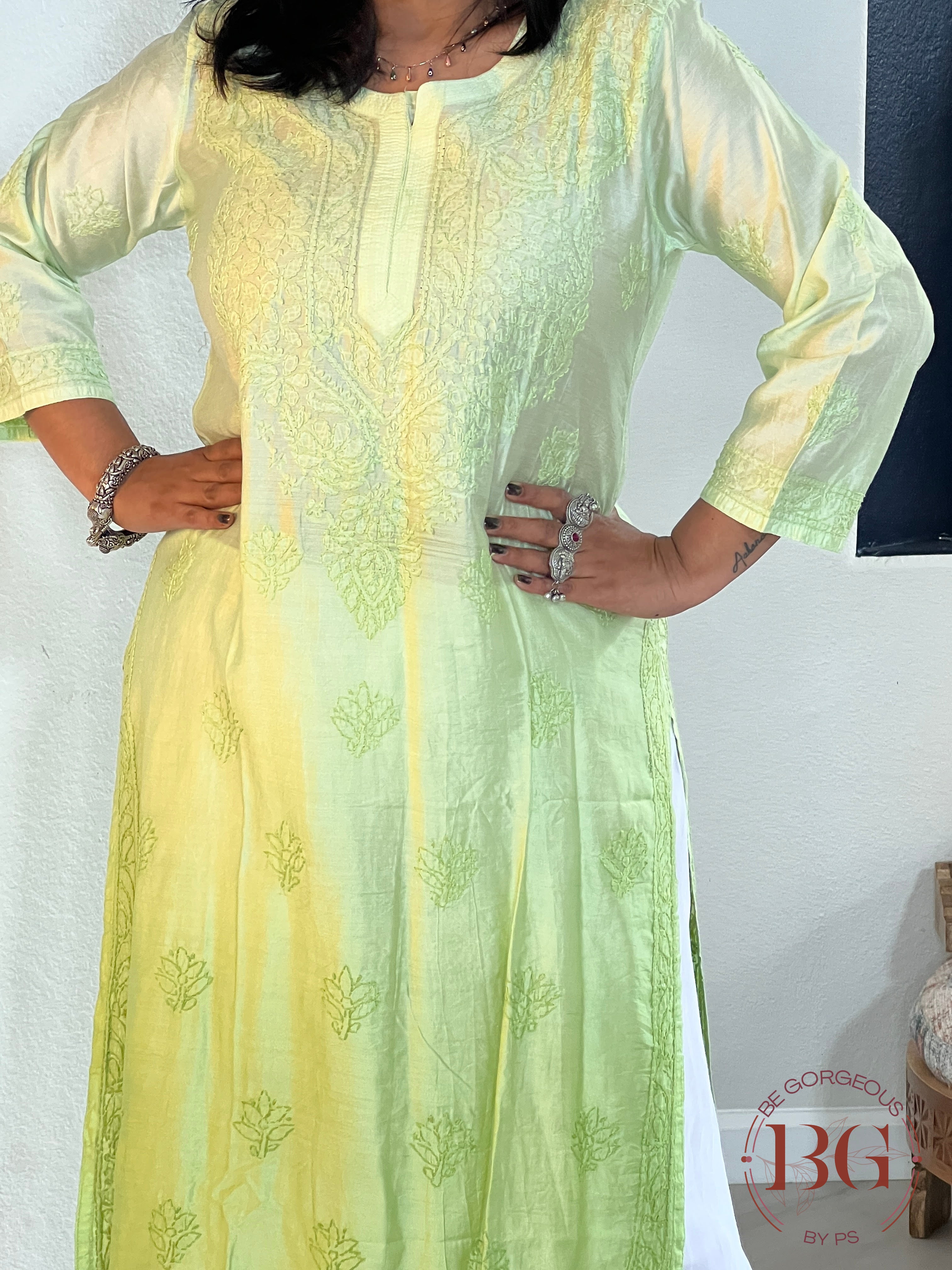 Muslin Silk Shaded Chikankari Pista Green Kurti
