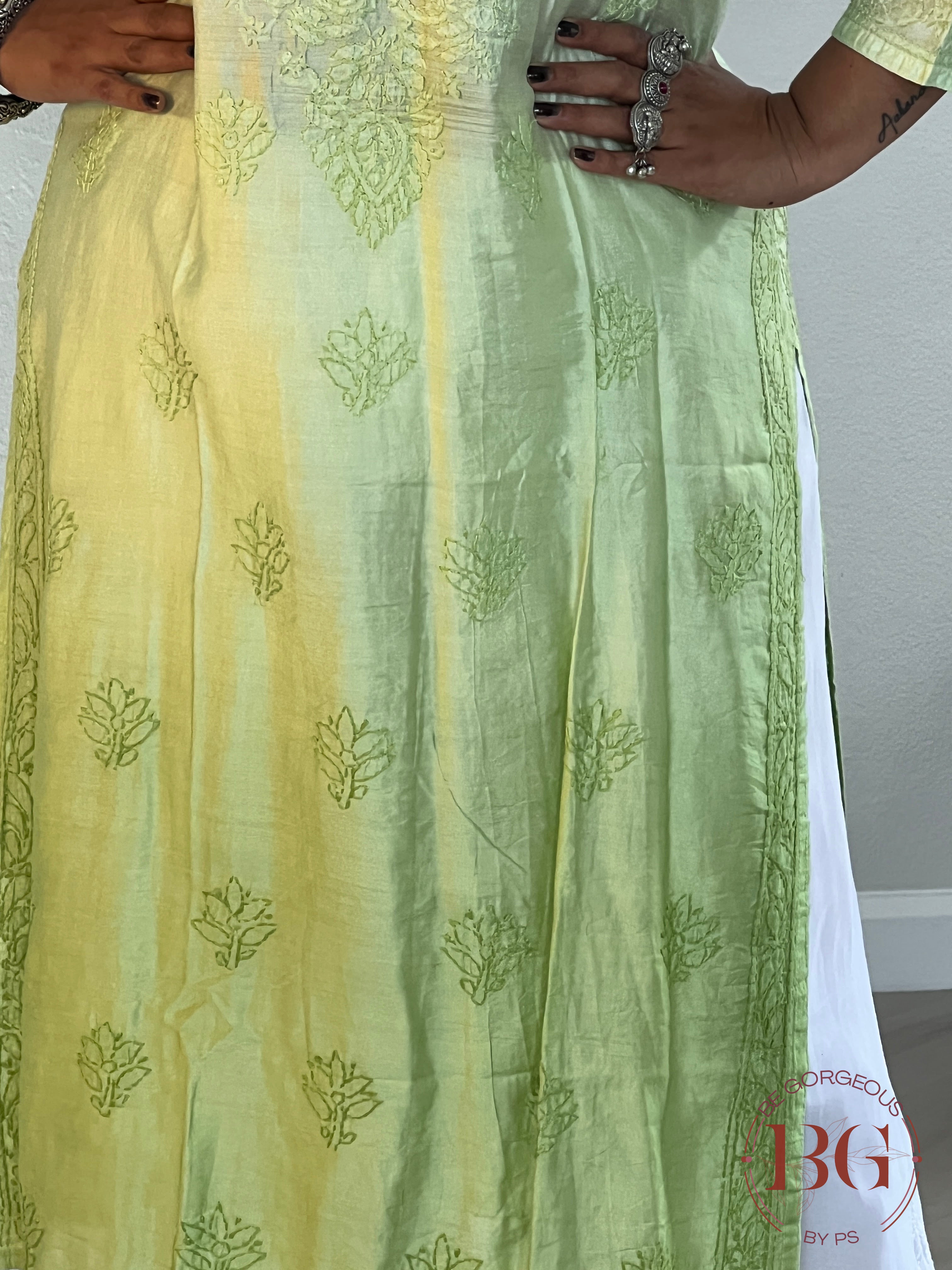 Muslin Silk Shaded Chikankari Pista Green Kurti