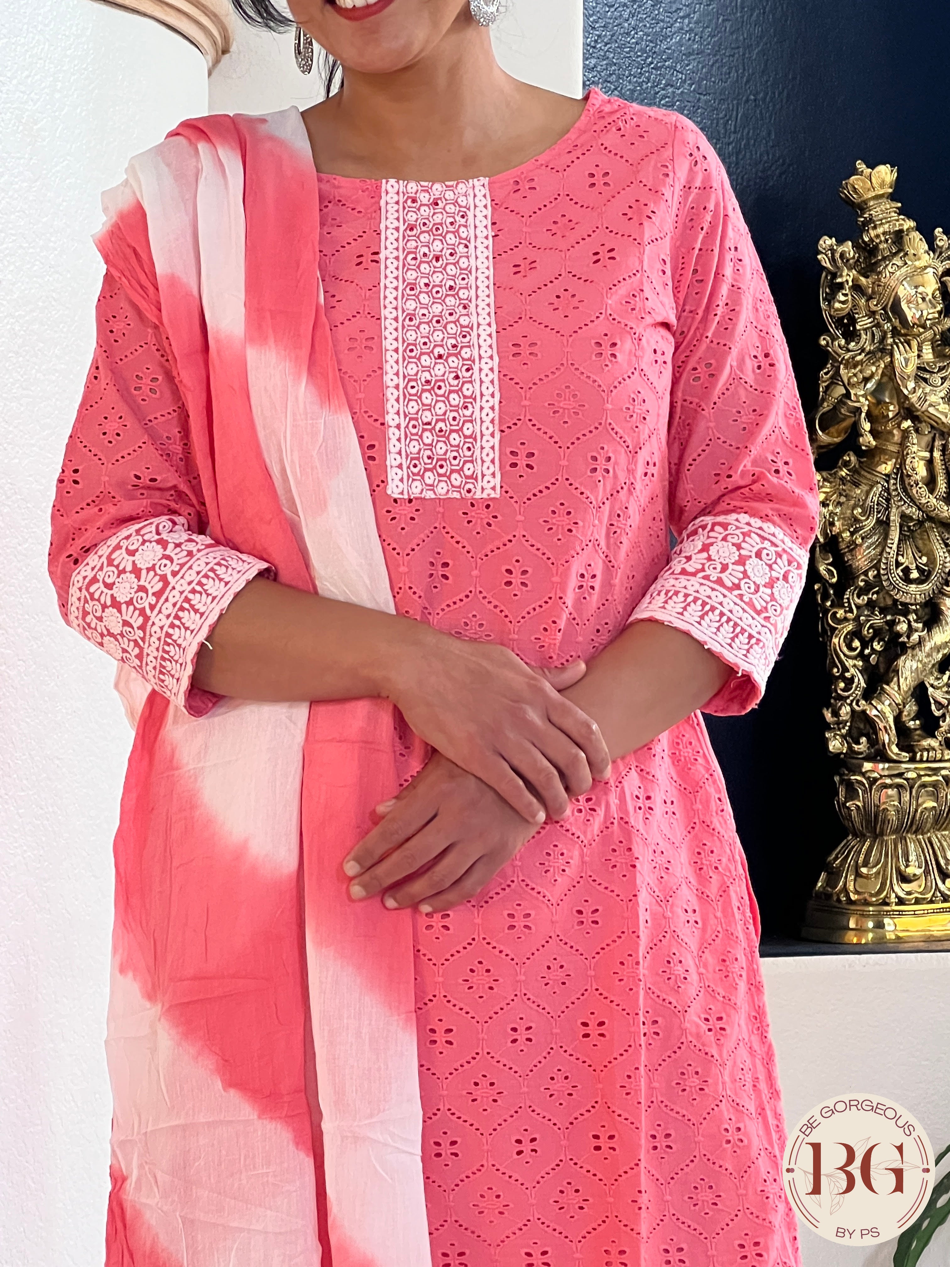 3-piece cotton suit set with dupatta in pink color