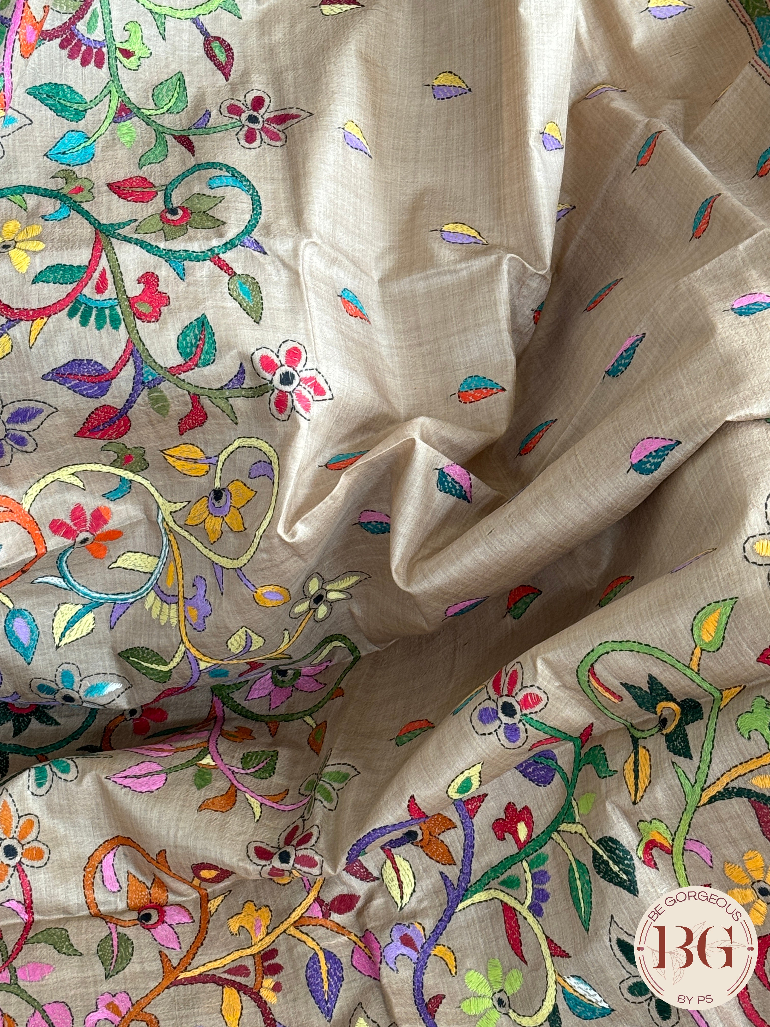 Kantha Stitch Saree on tussar silk - beige multicolor