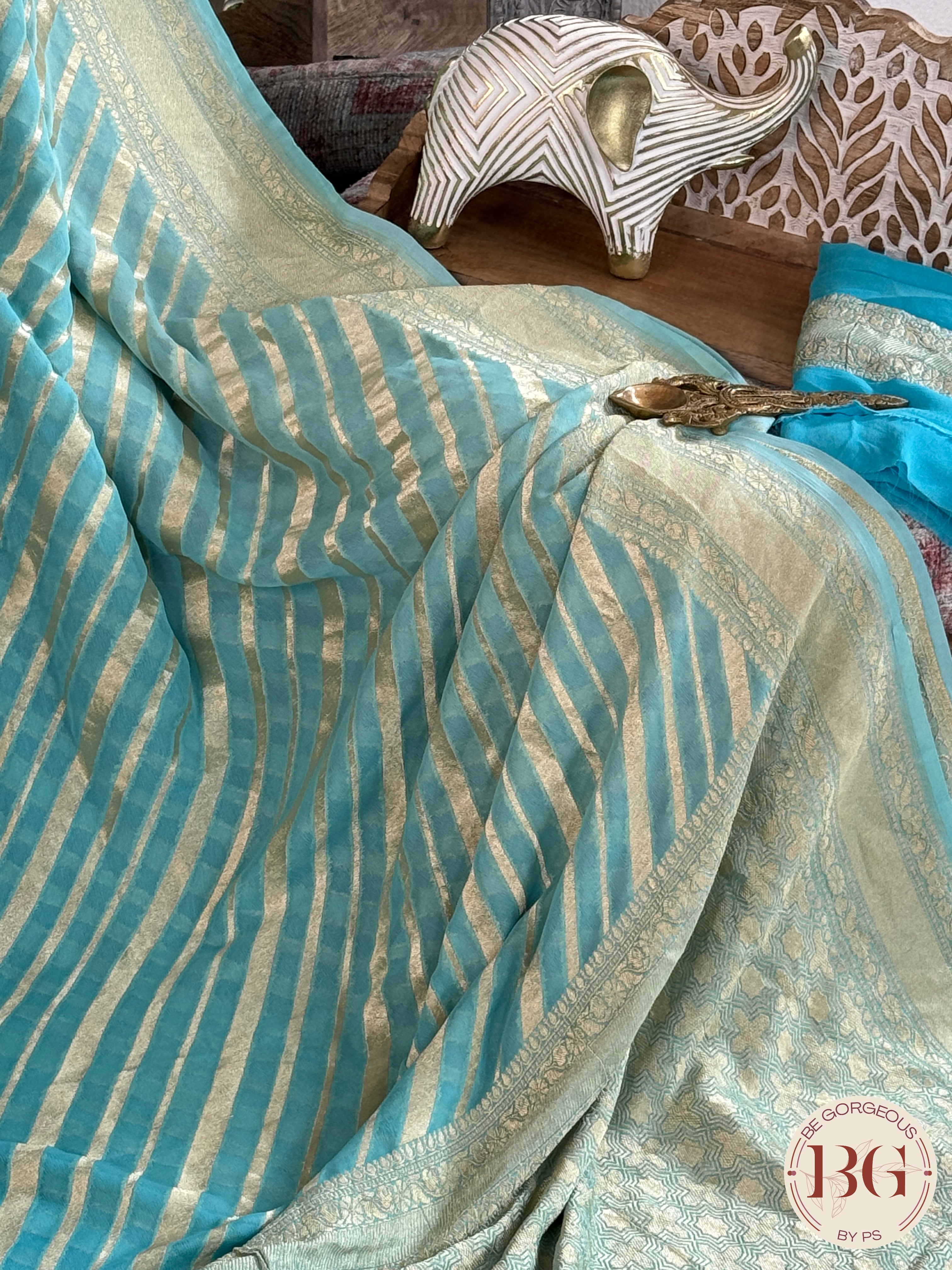 Banarasi Khaddi georgette saree - Blue Stripes