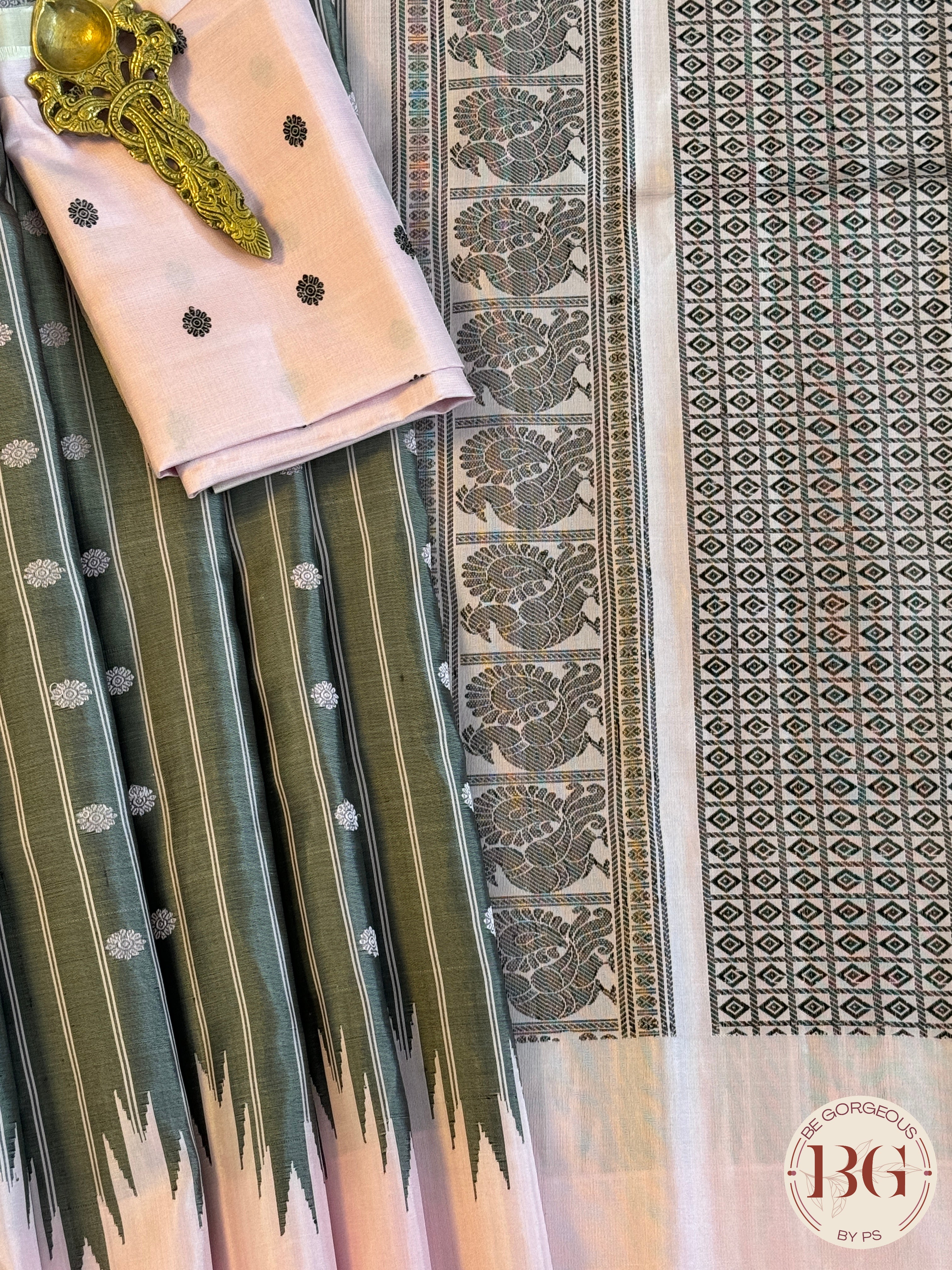 Gadwal handloom pure silk saree - no zari grey striped with baby pink