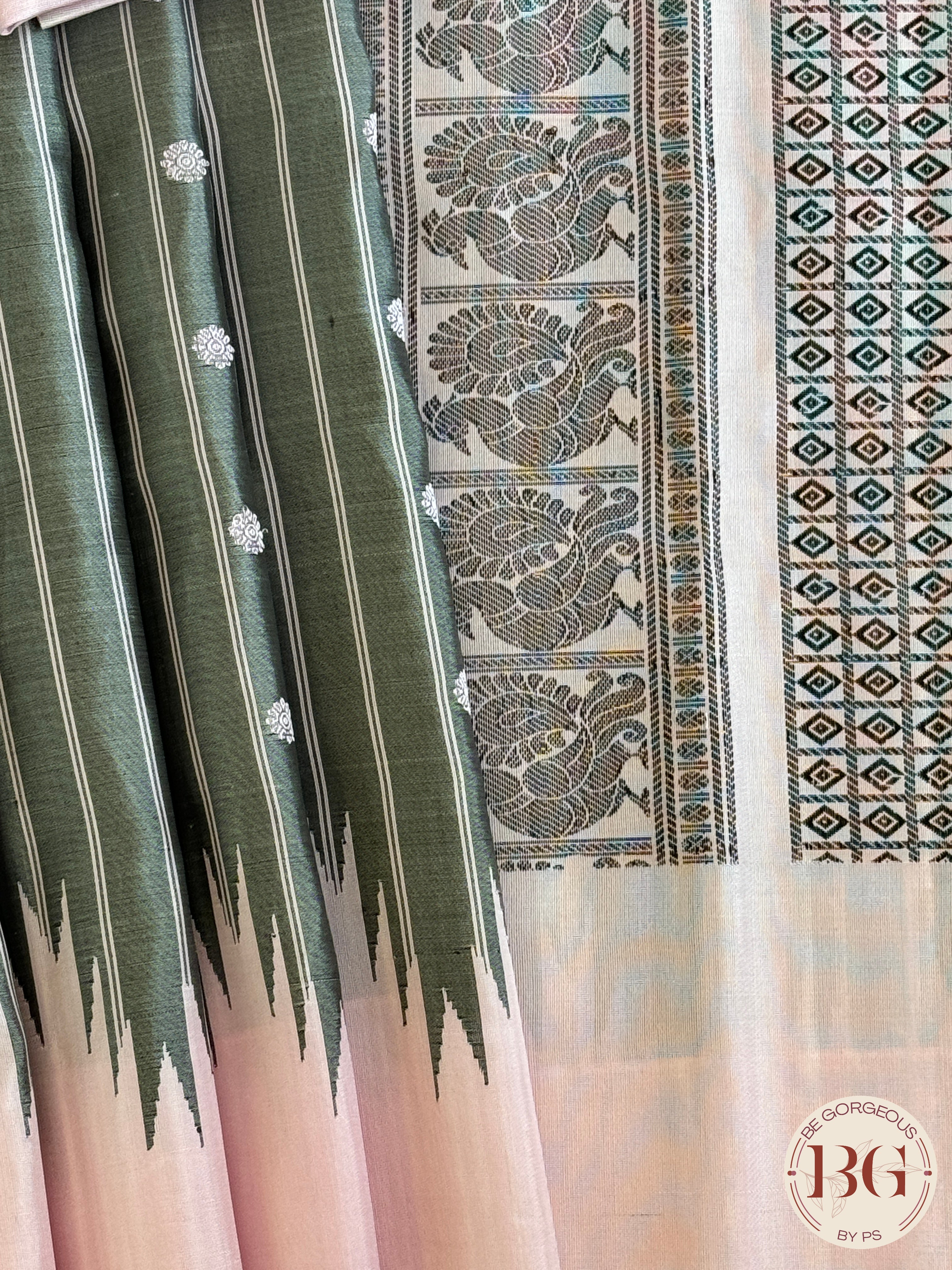 Gadwal handloom pure silk saree - no zari grey striped with baby pink