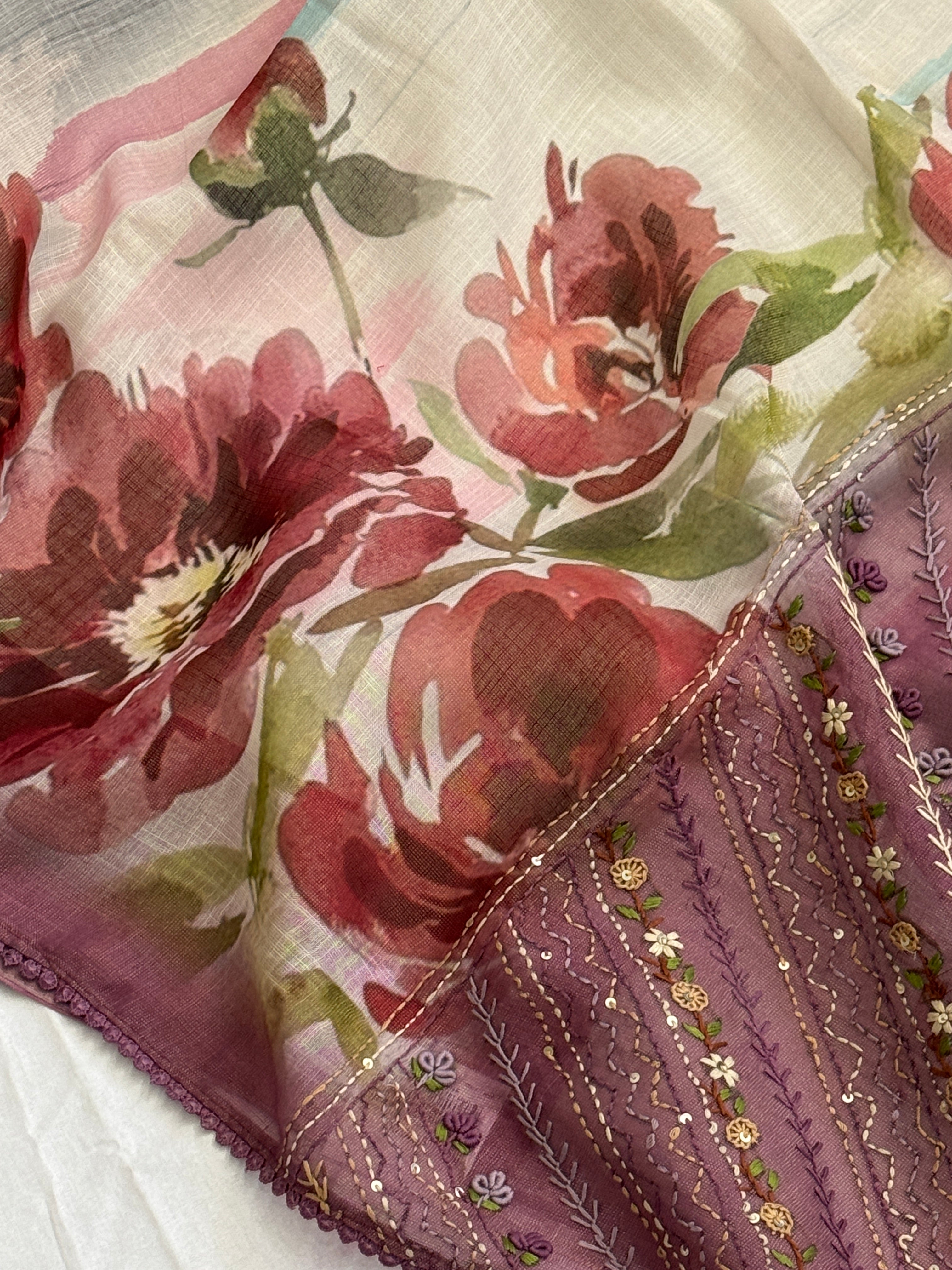 Bengal Linen Saree handpainted with French Knot Embroidery