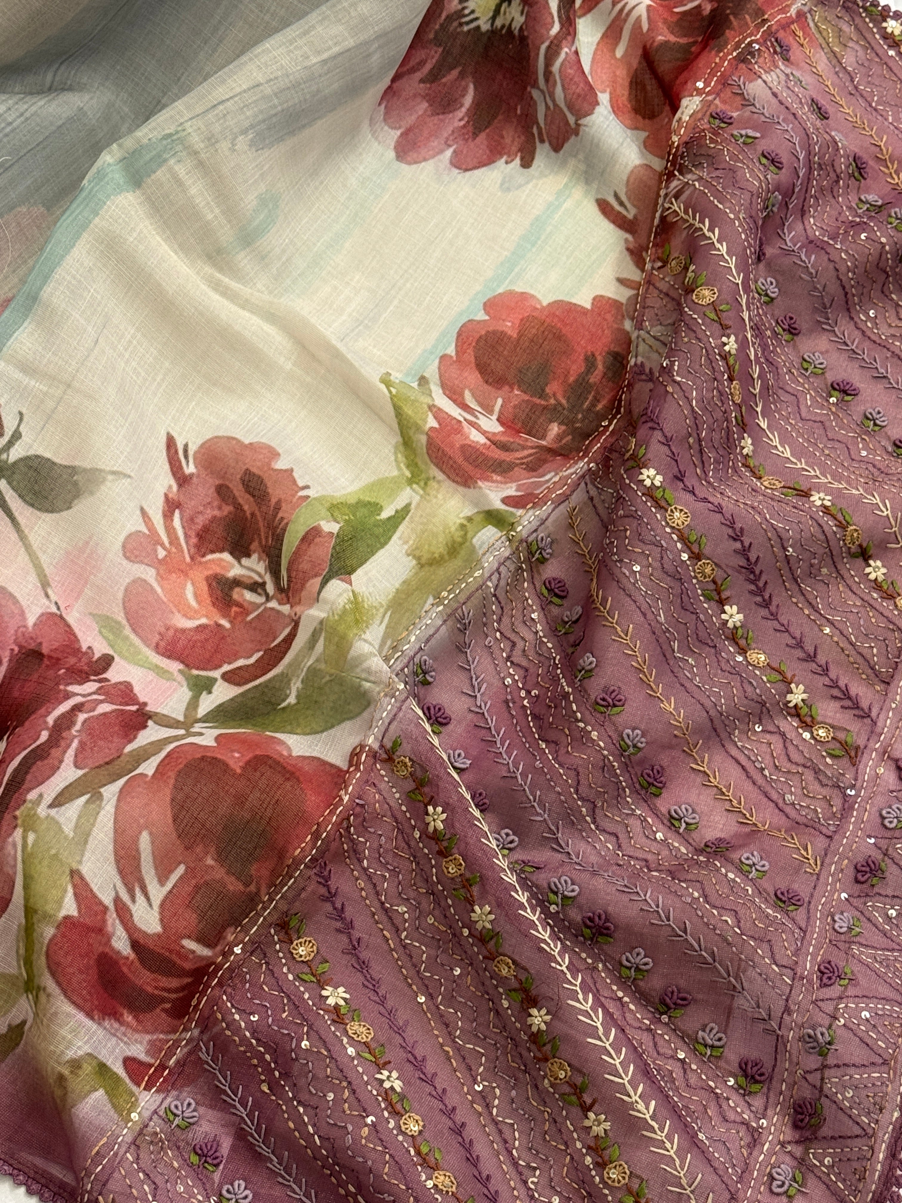 Bengal Linen Saree handpainted with French Knot Embroidery