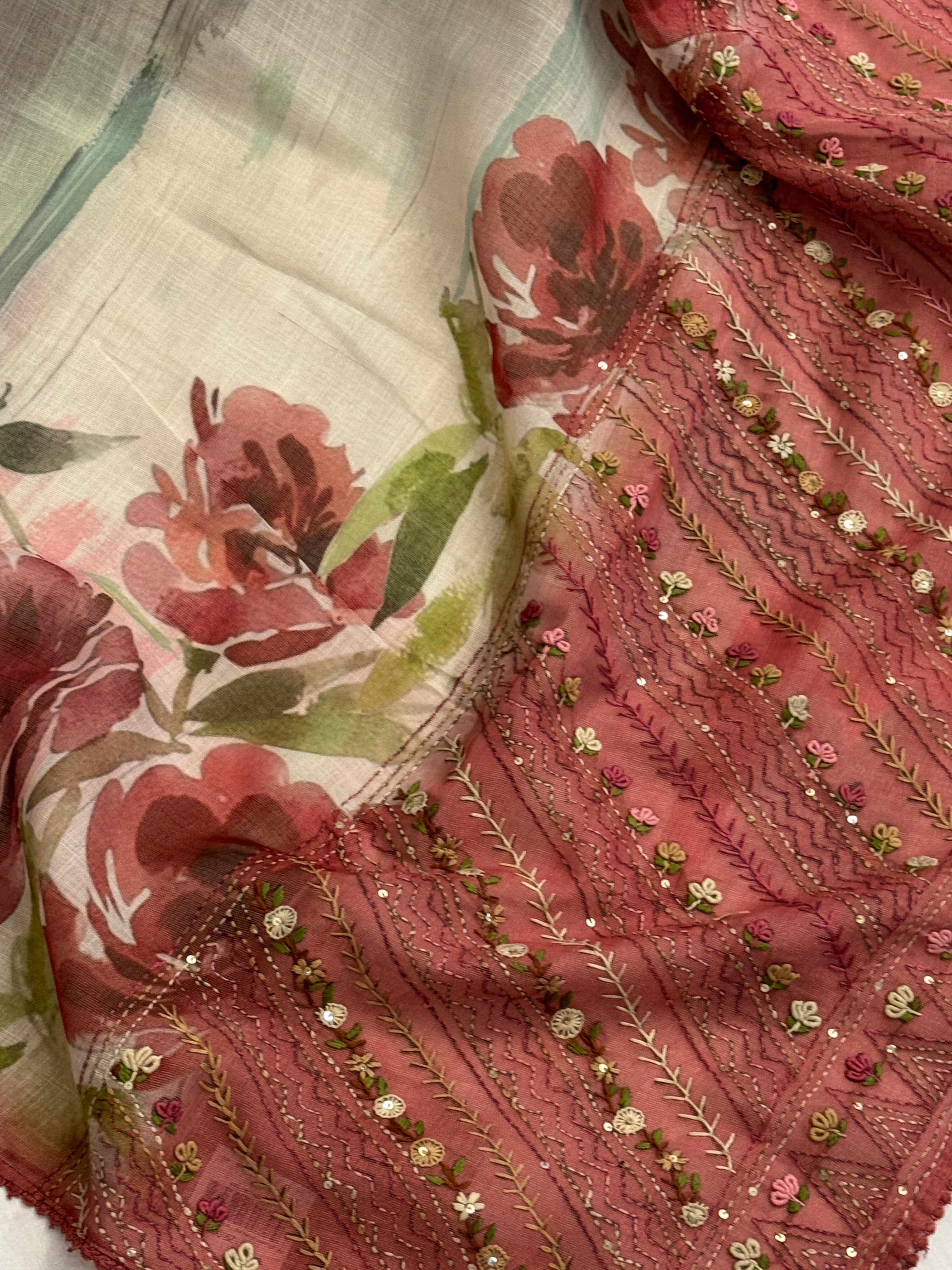 Bengal Linen Saree handpainted with French Knot Embroidery