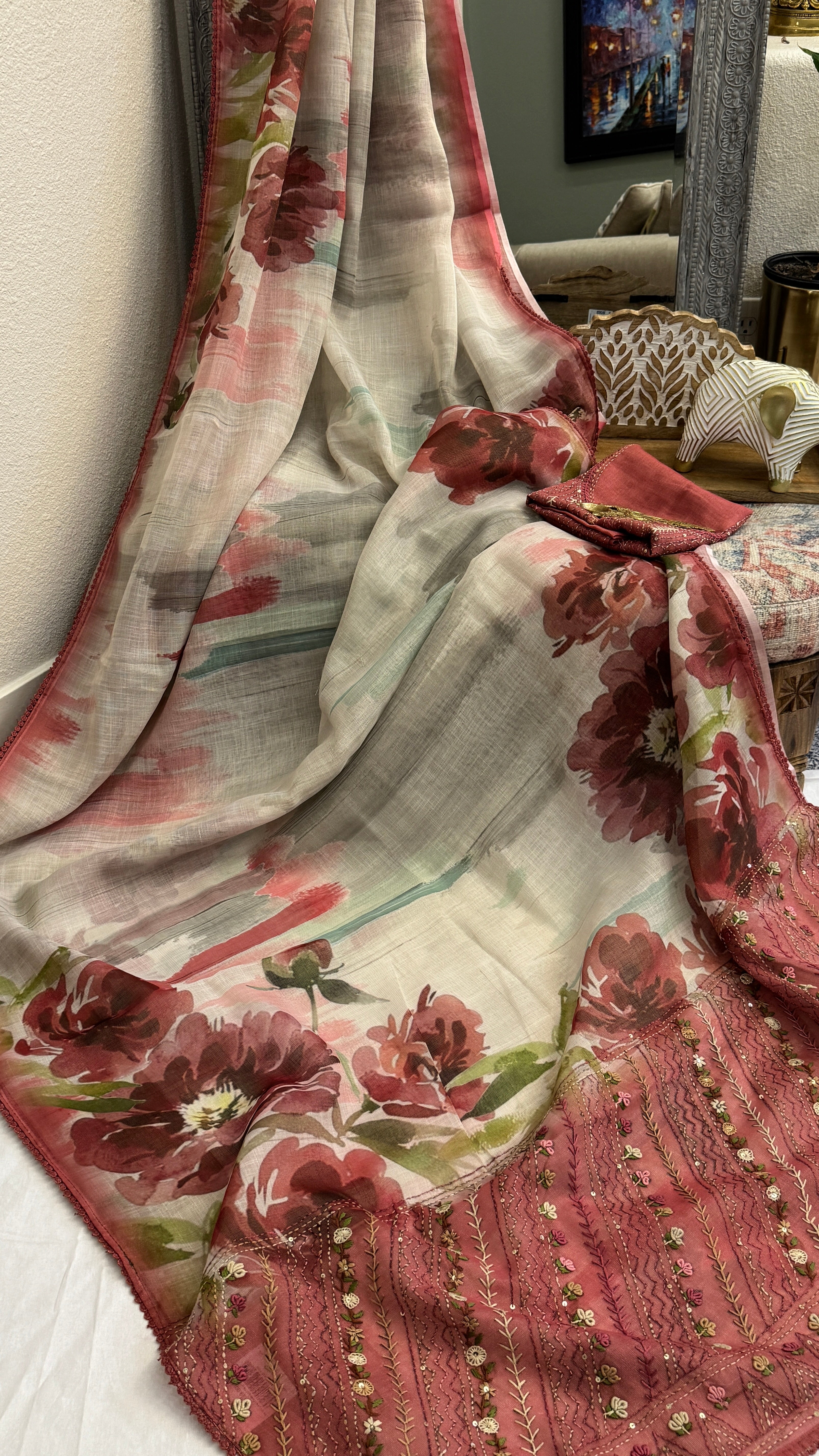 Bengal Linen Saree handpainted with French Knot Embroidery