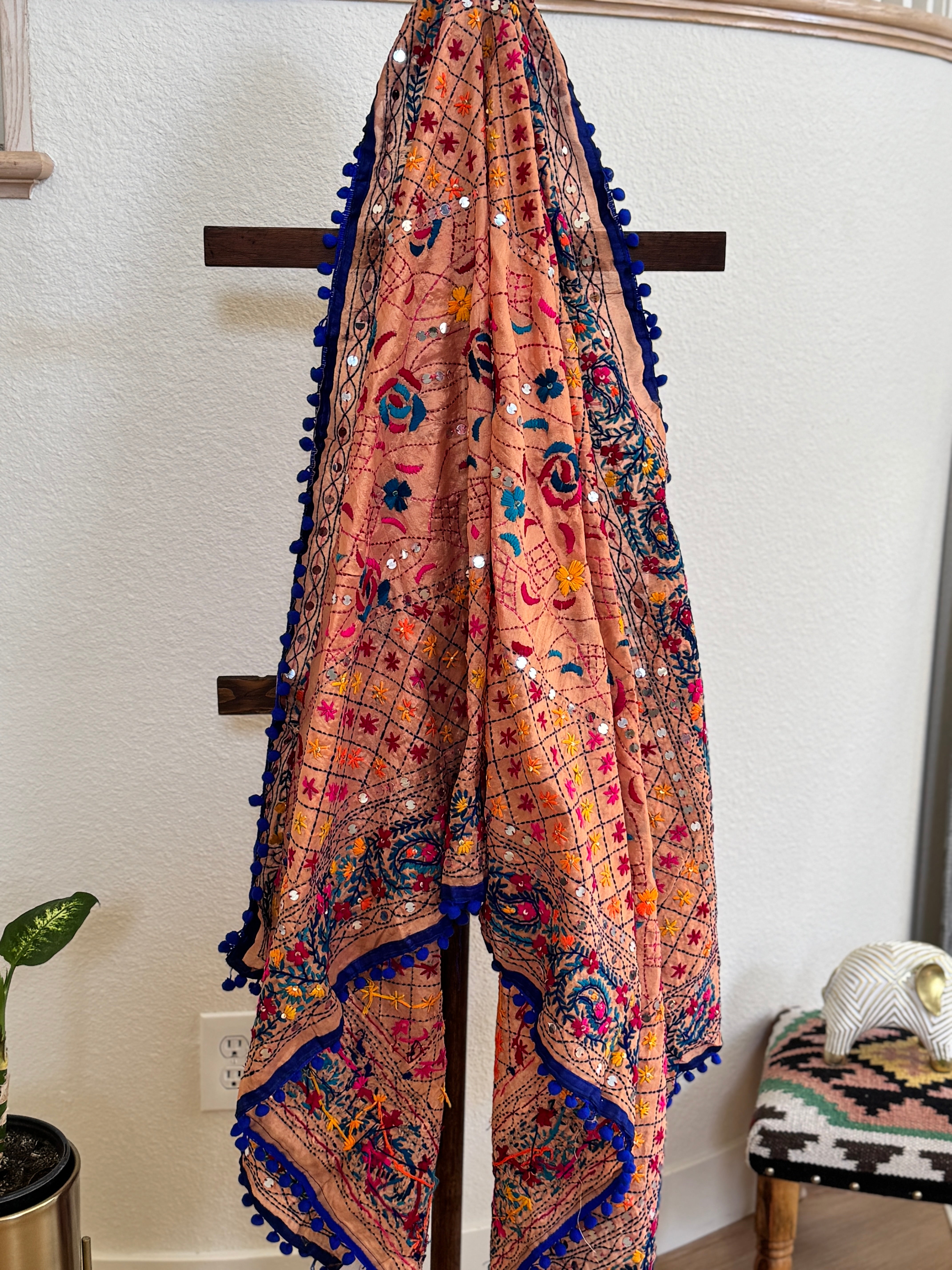 Chanderi Kantha dupatta - peach blue