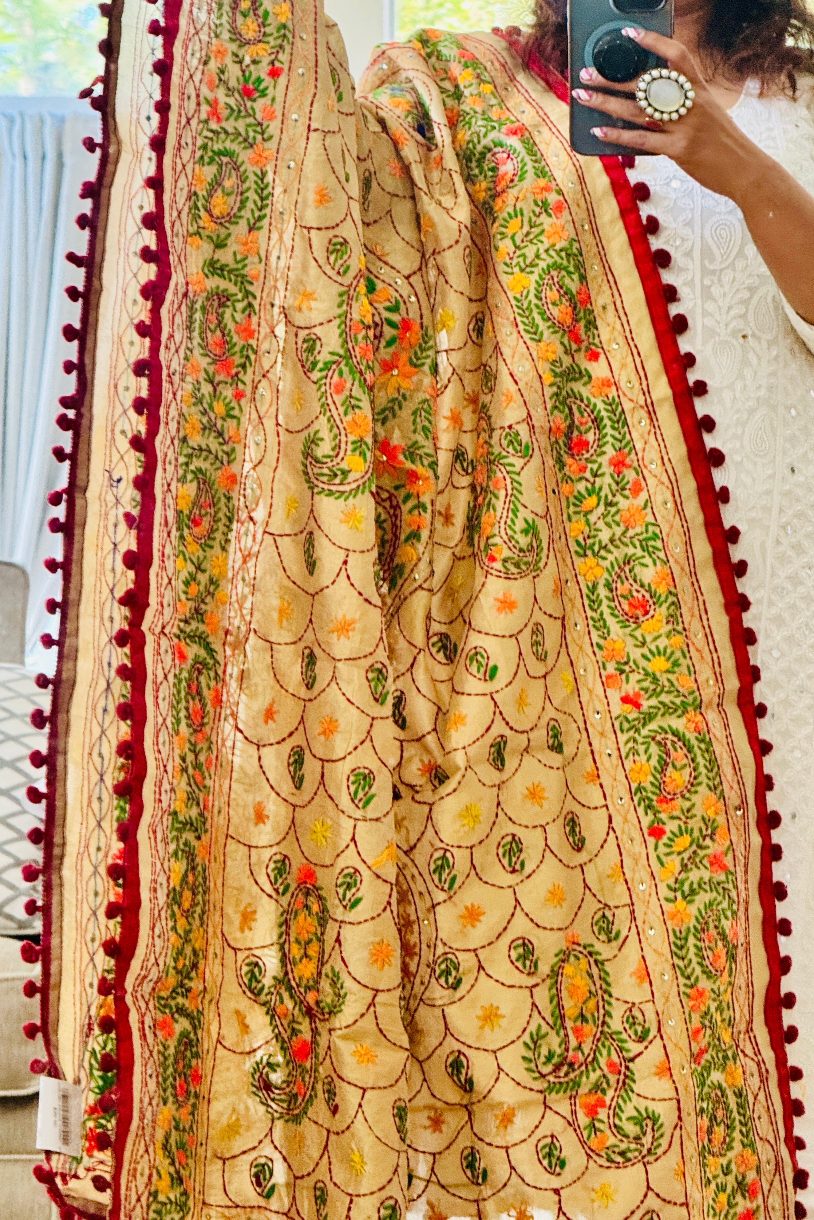 Chanderi Kantha dupatta - red