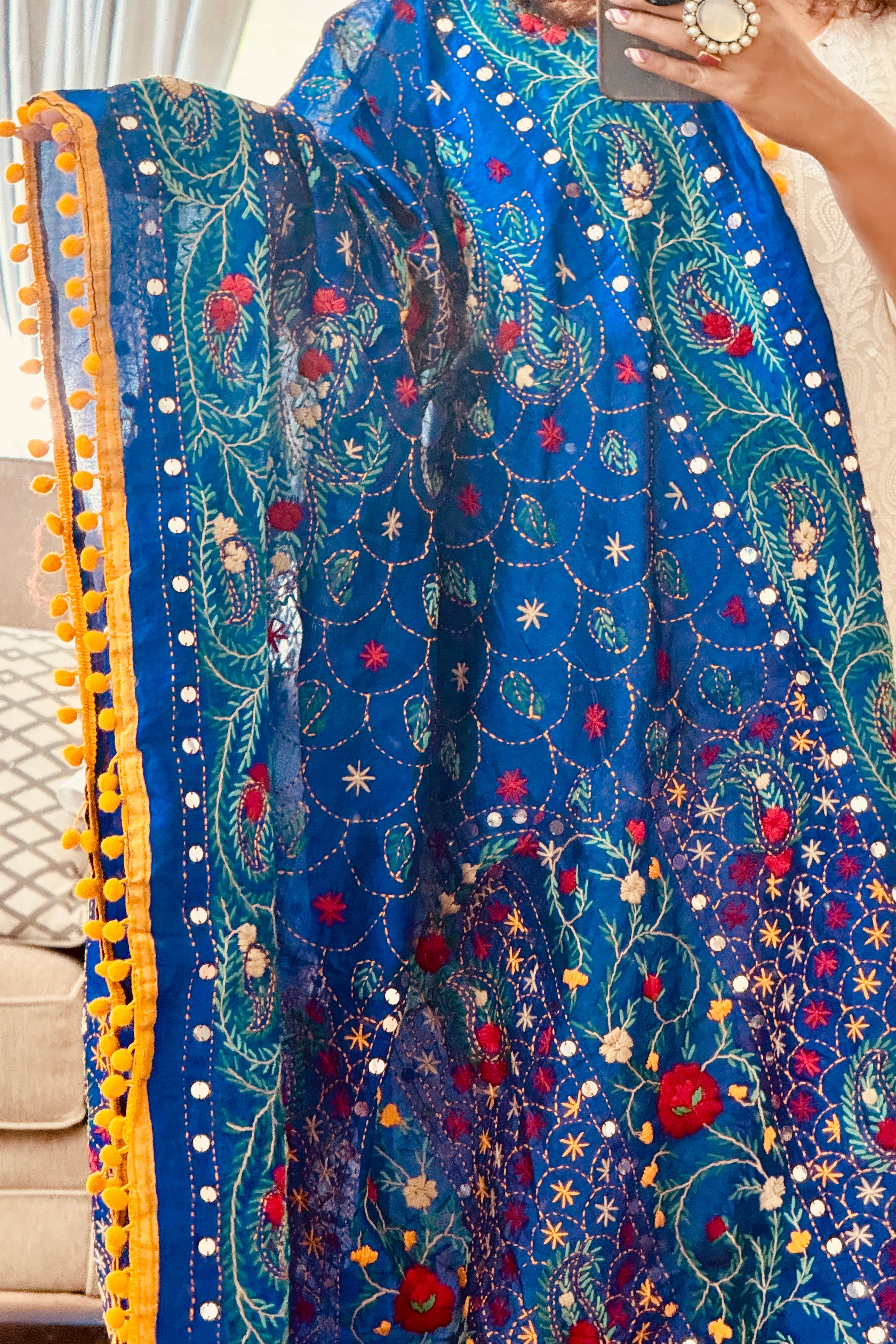 Chanderi Kantha dupatta - blue yellow