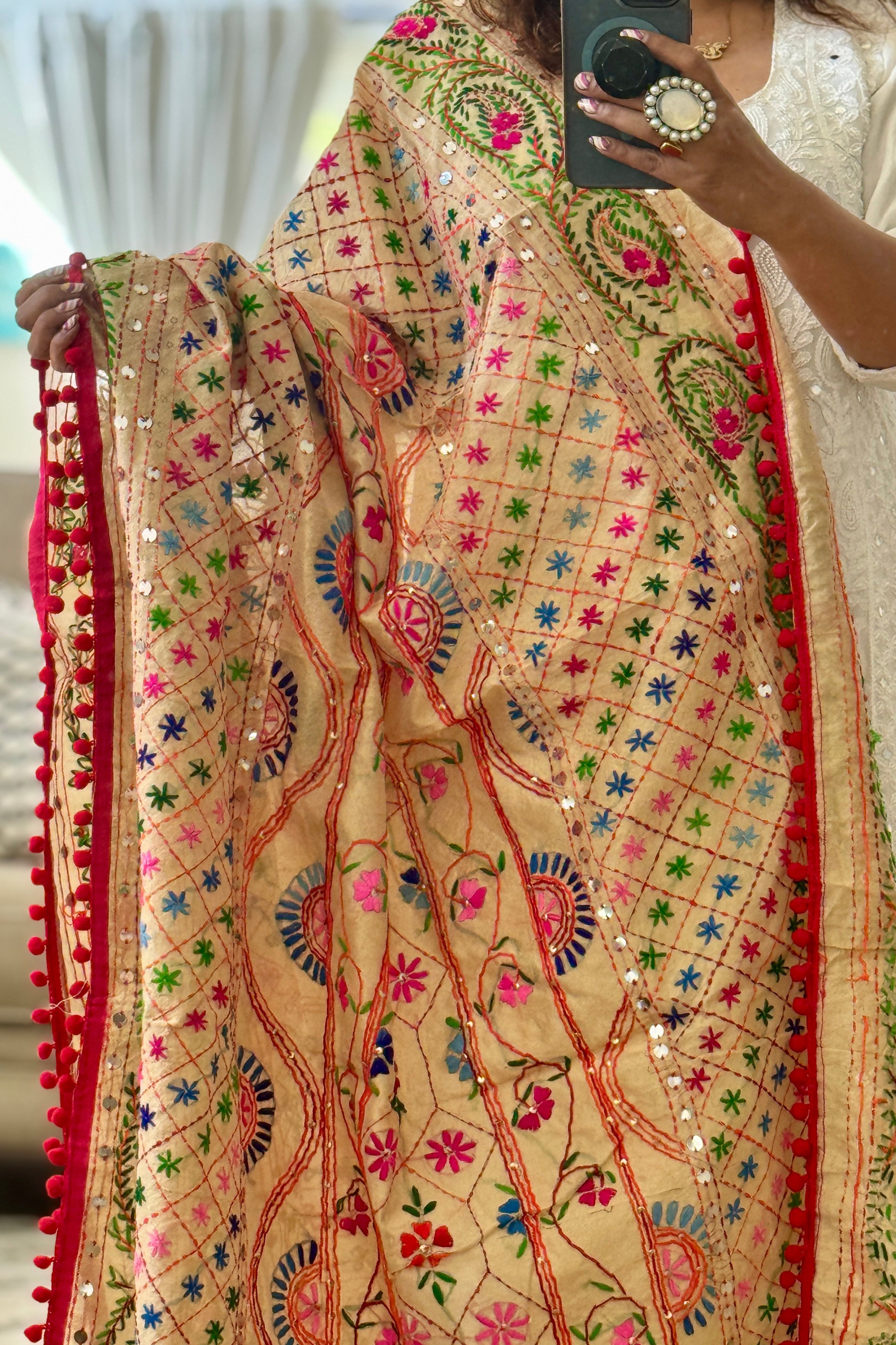 Chanderi Kantha dupatta - pink
