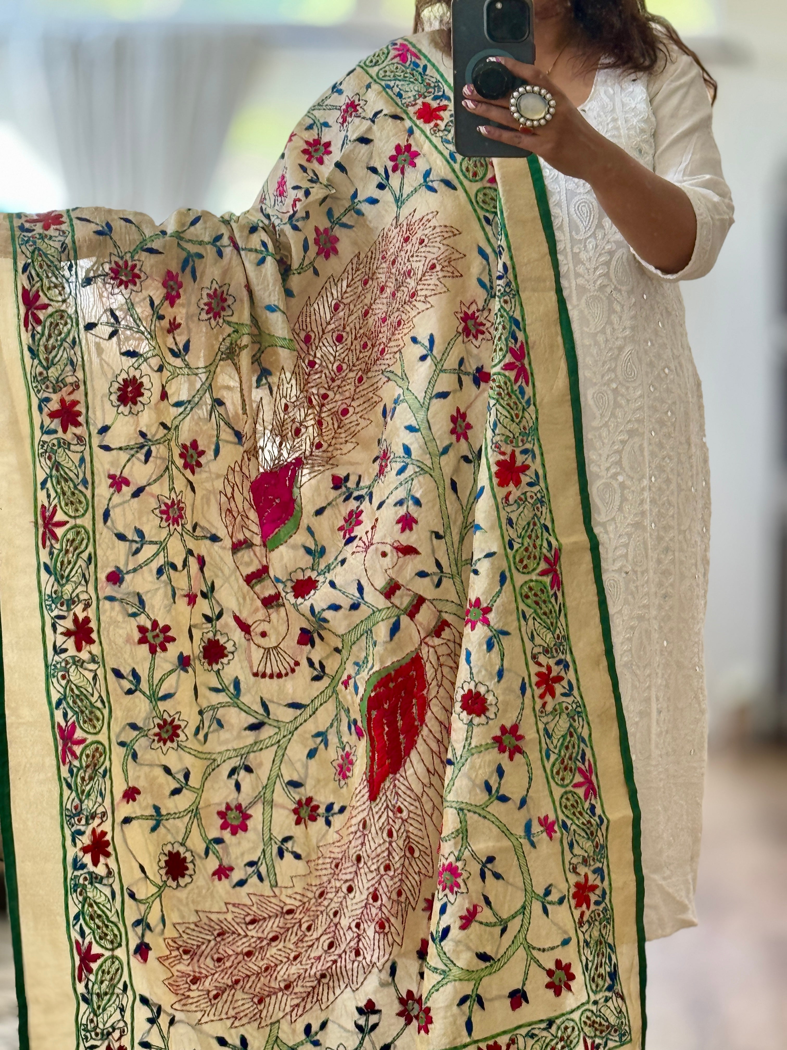 Chanderi Kantha dupatta - green