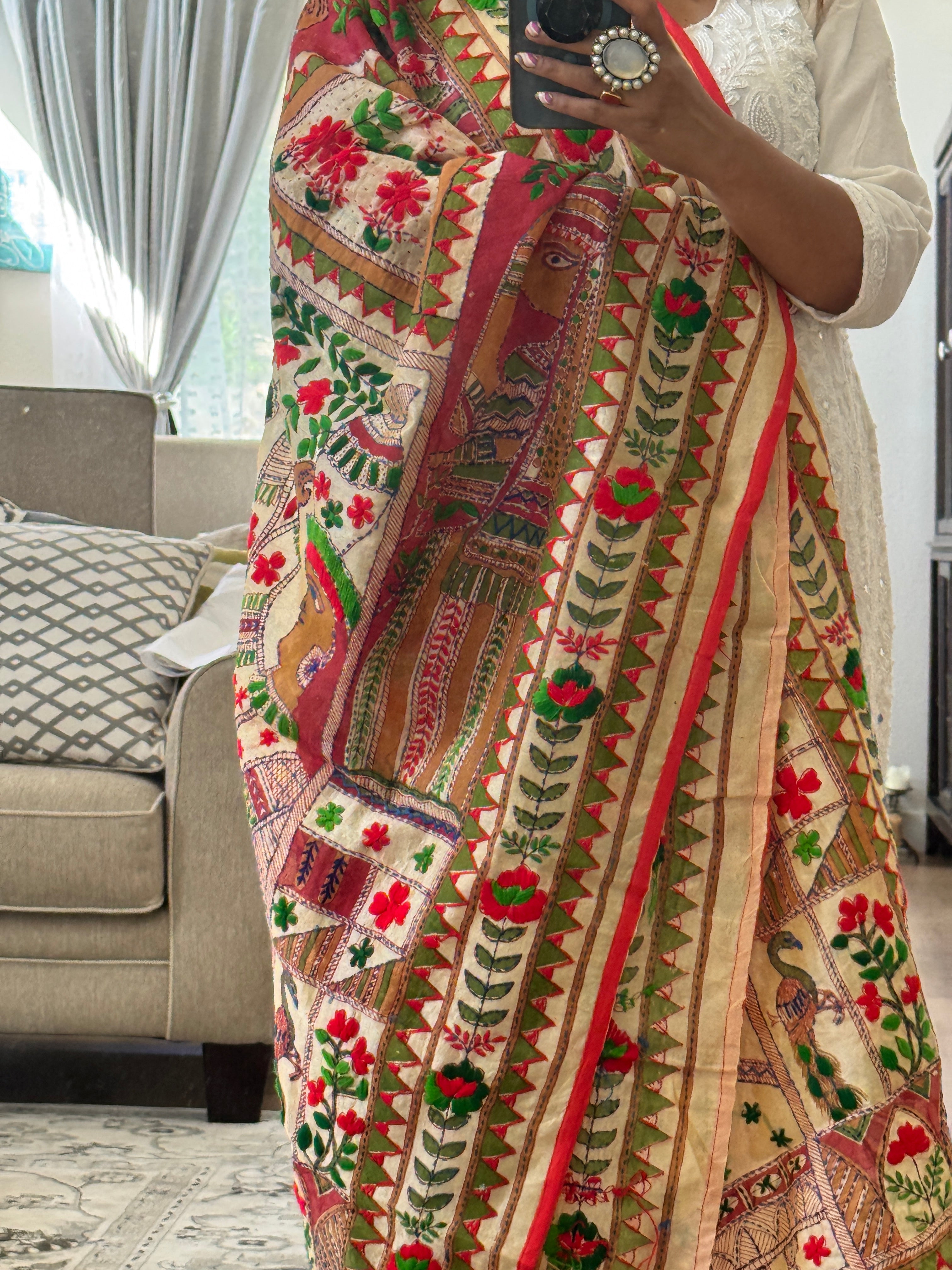 Chanderi Kantha dupatta - orange