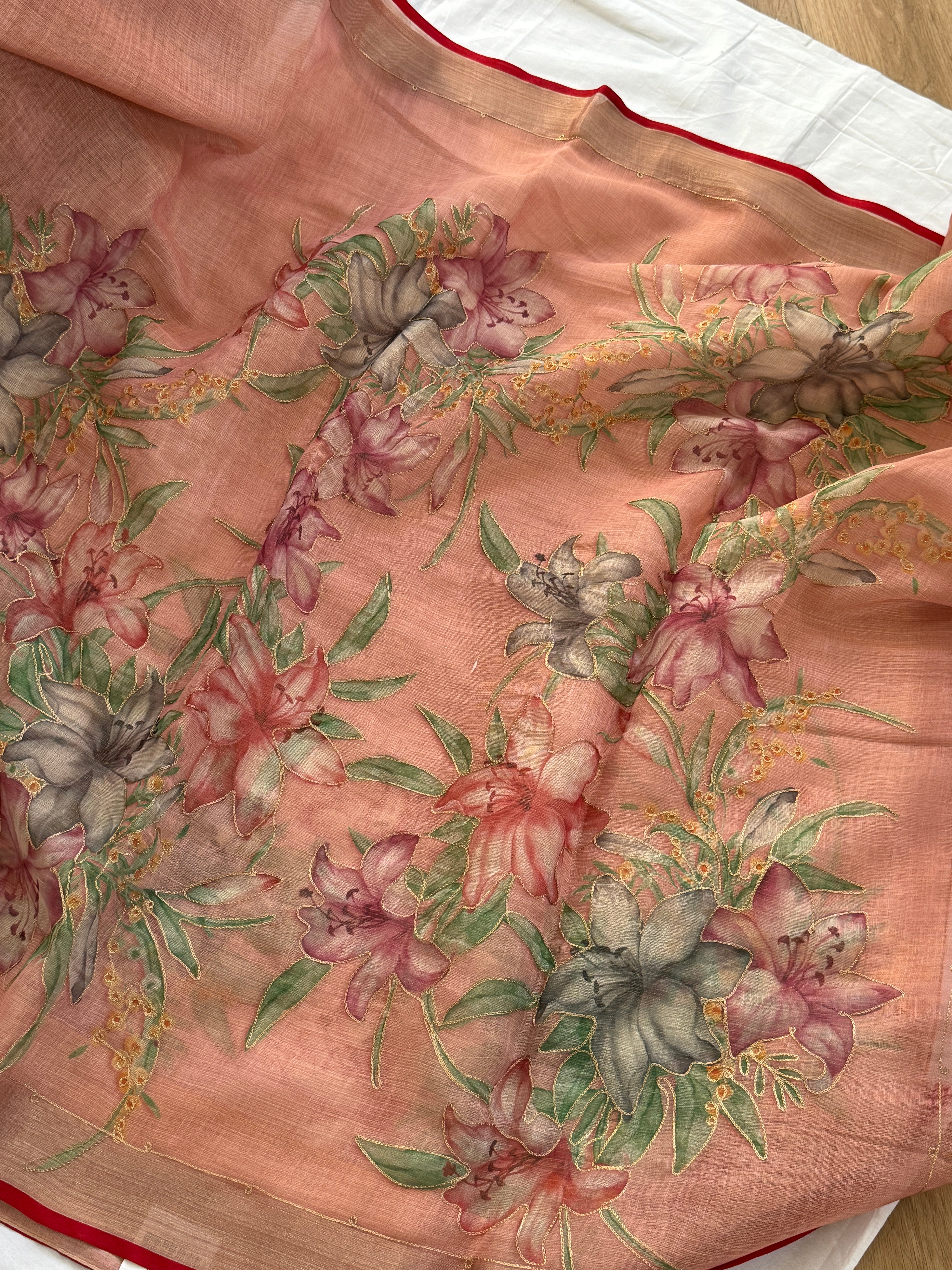 Linen Handpainted Saree with gold embroidery