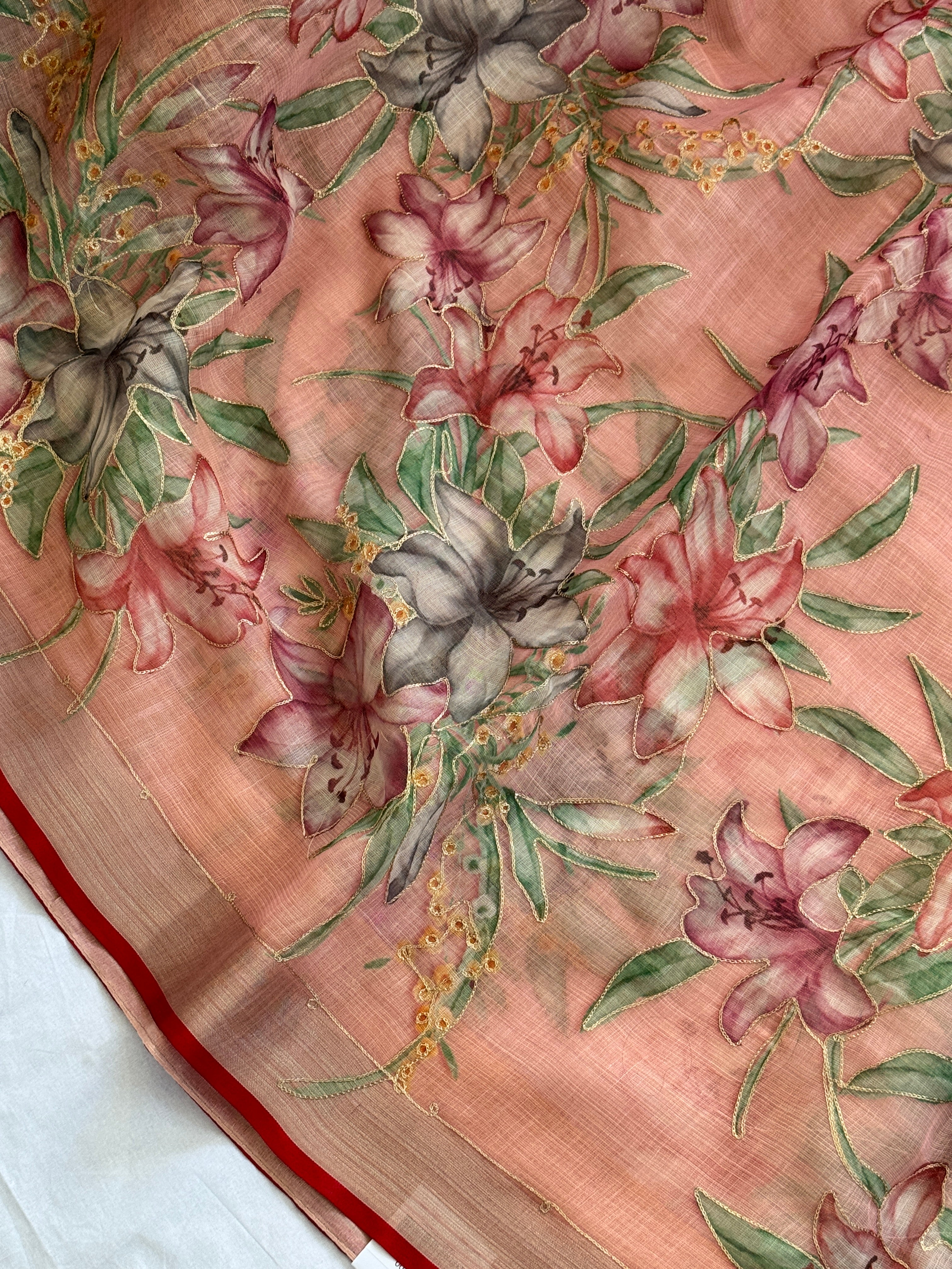 Linen Handpainted Saree with gold embroidery