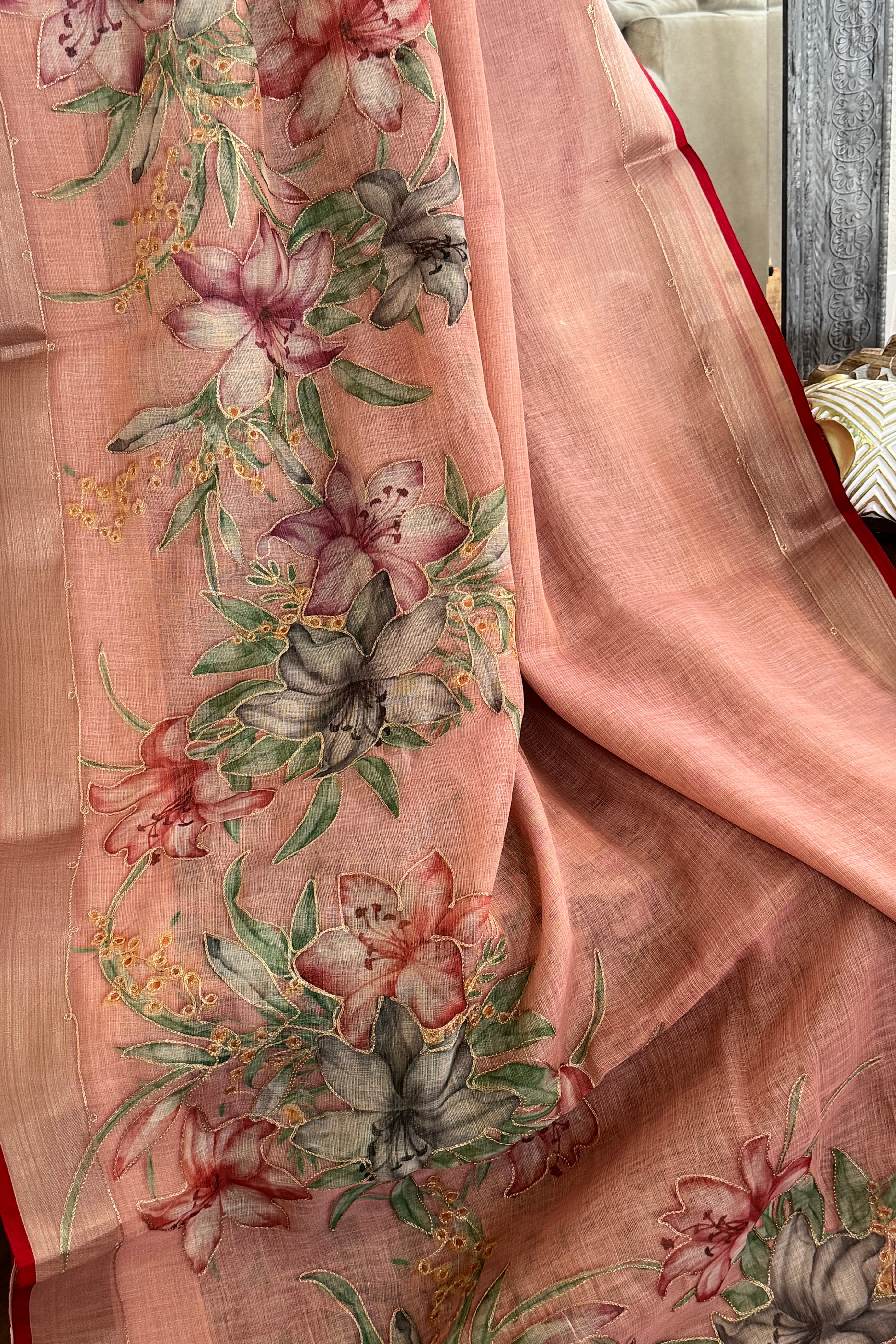 Linen Handpainted Saree with gold embroidery