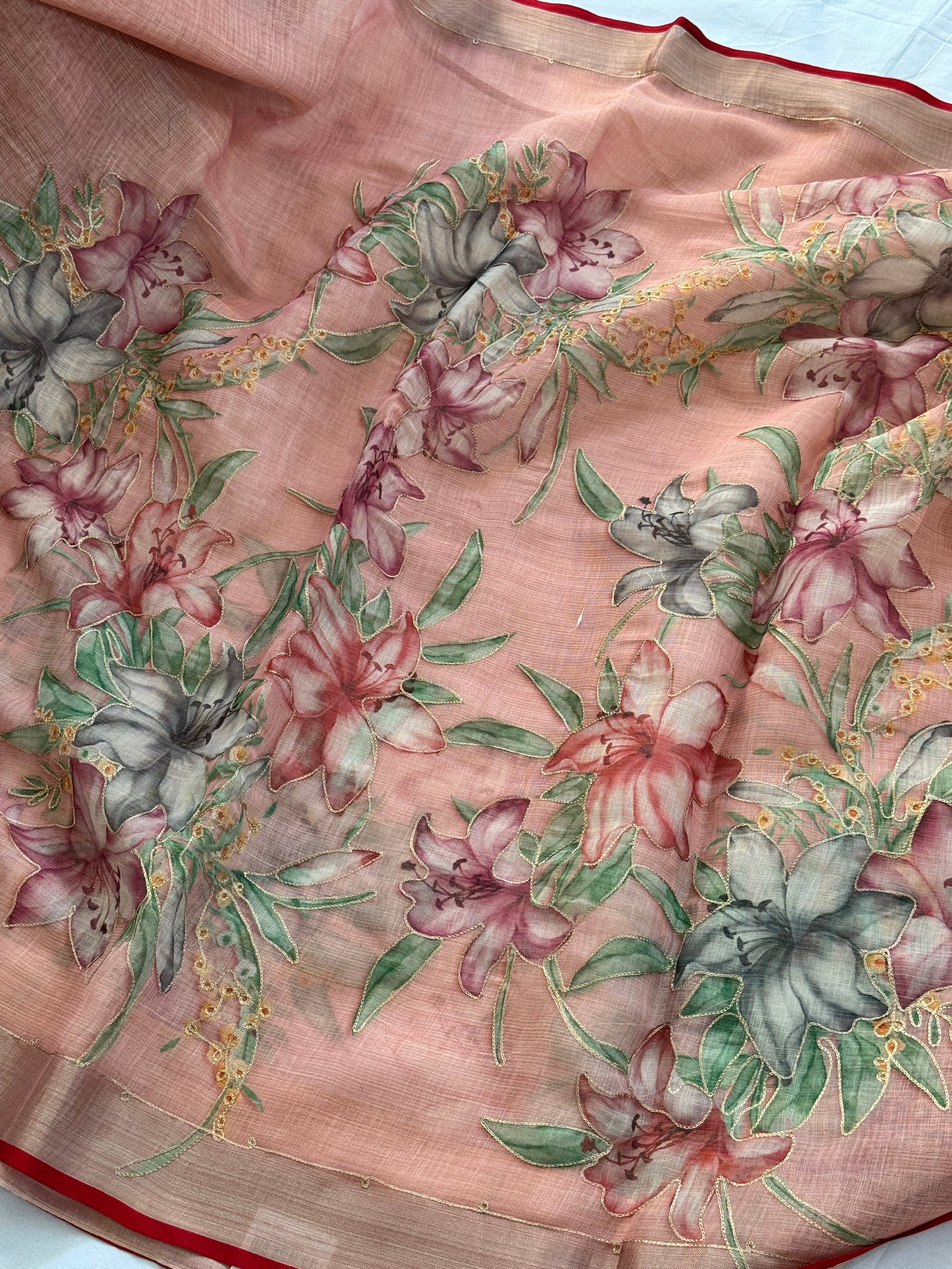 Linen Handpainted Saree with gold embroidery