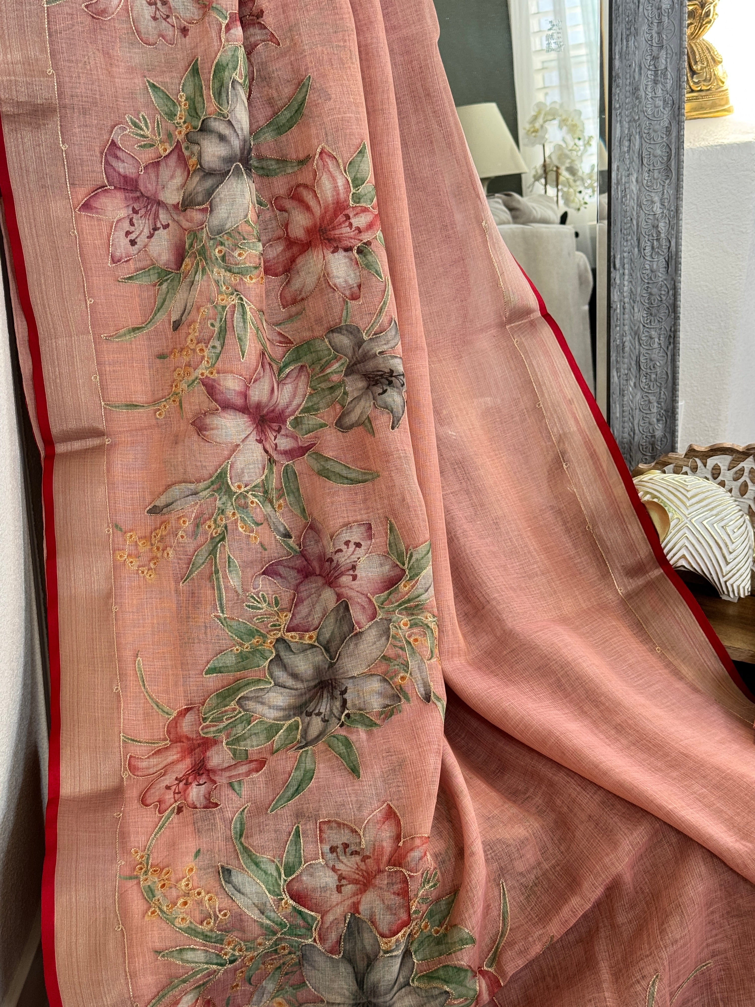 Linen Handpainted Saree with gold embroidery