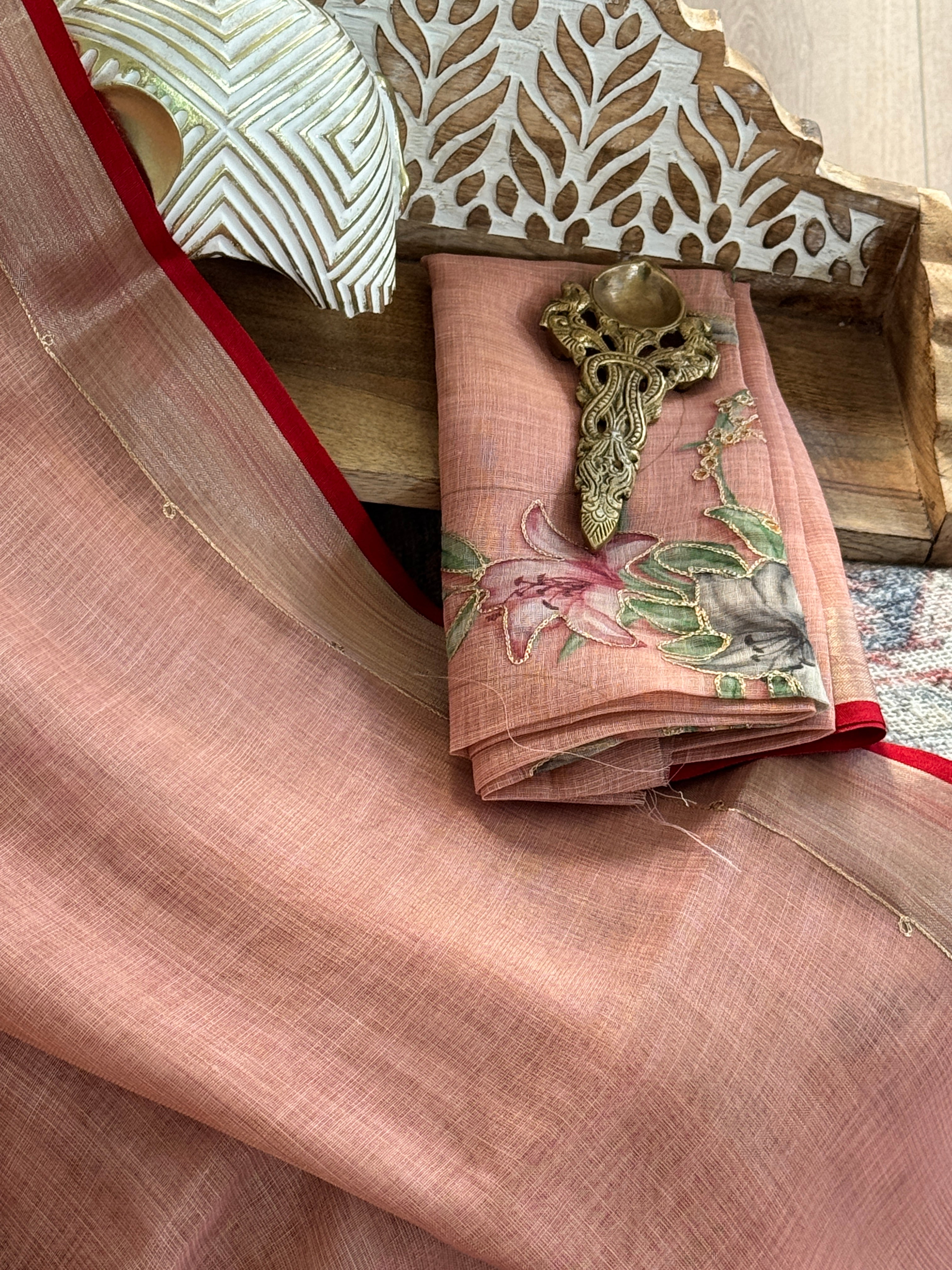 Linen Handpainted Saree with gold embroidery