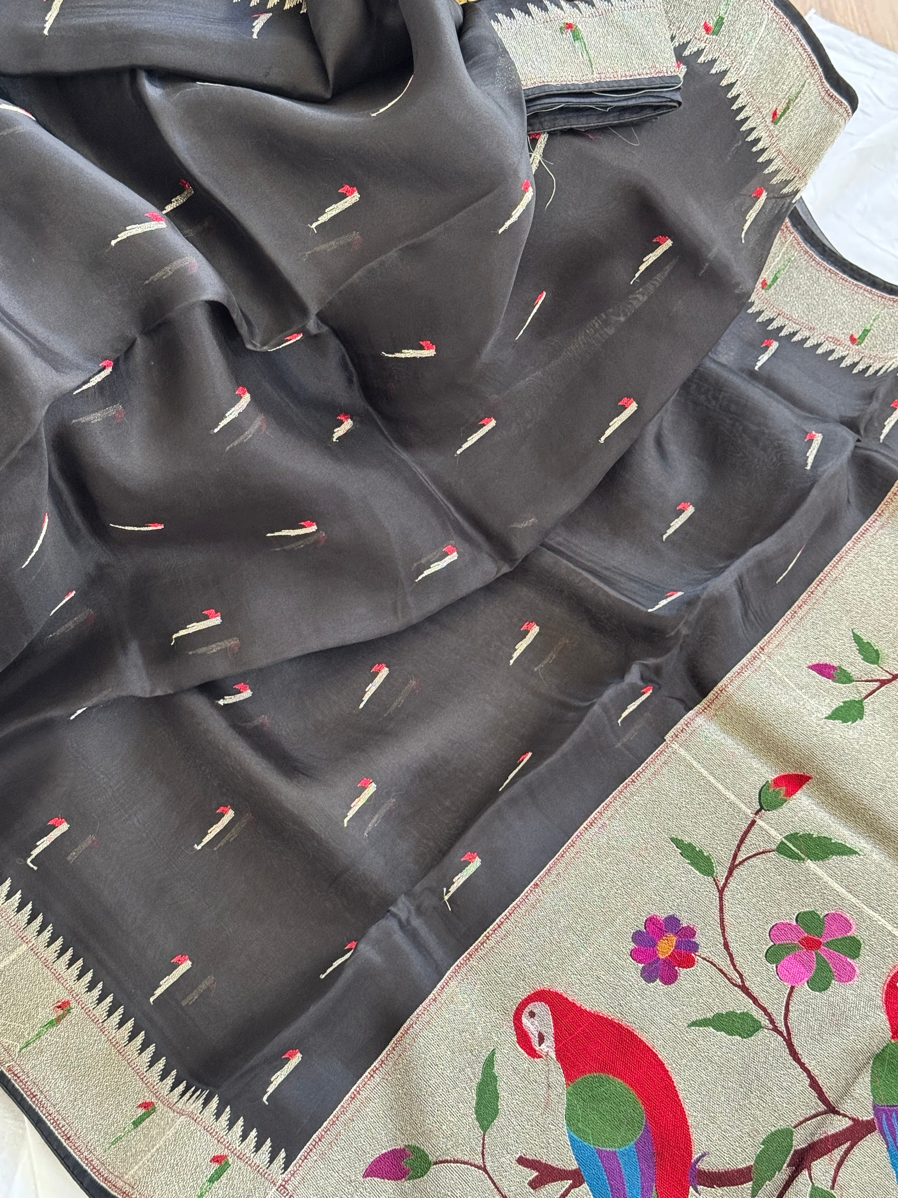 Organza with Paithani Muniya border and pallu