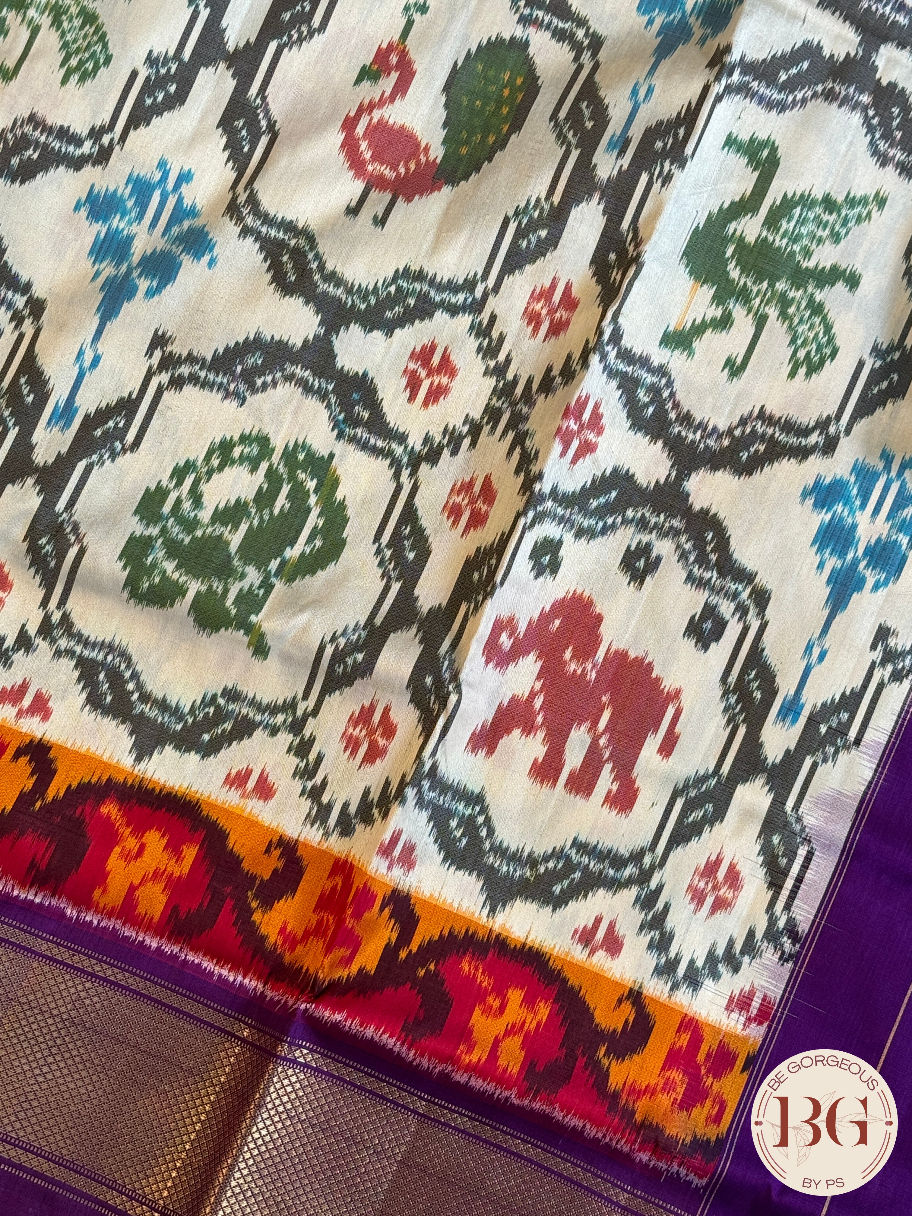 Ikkat Pure silk handloom saree - White Purple