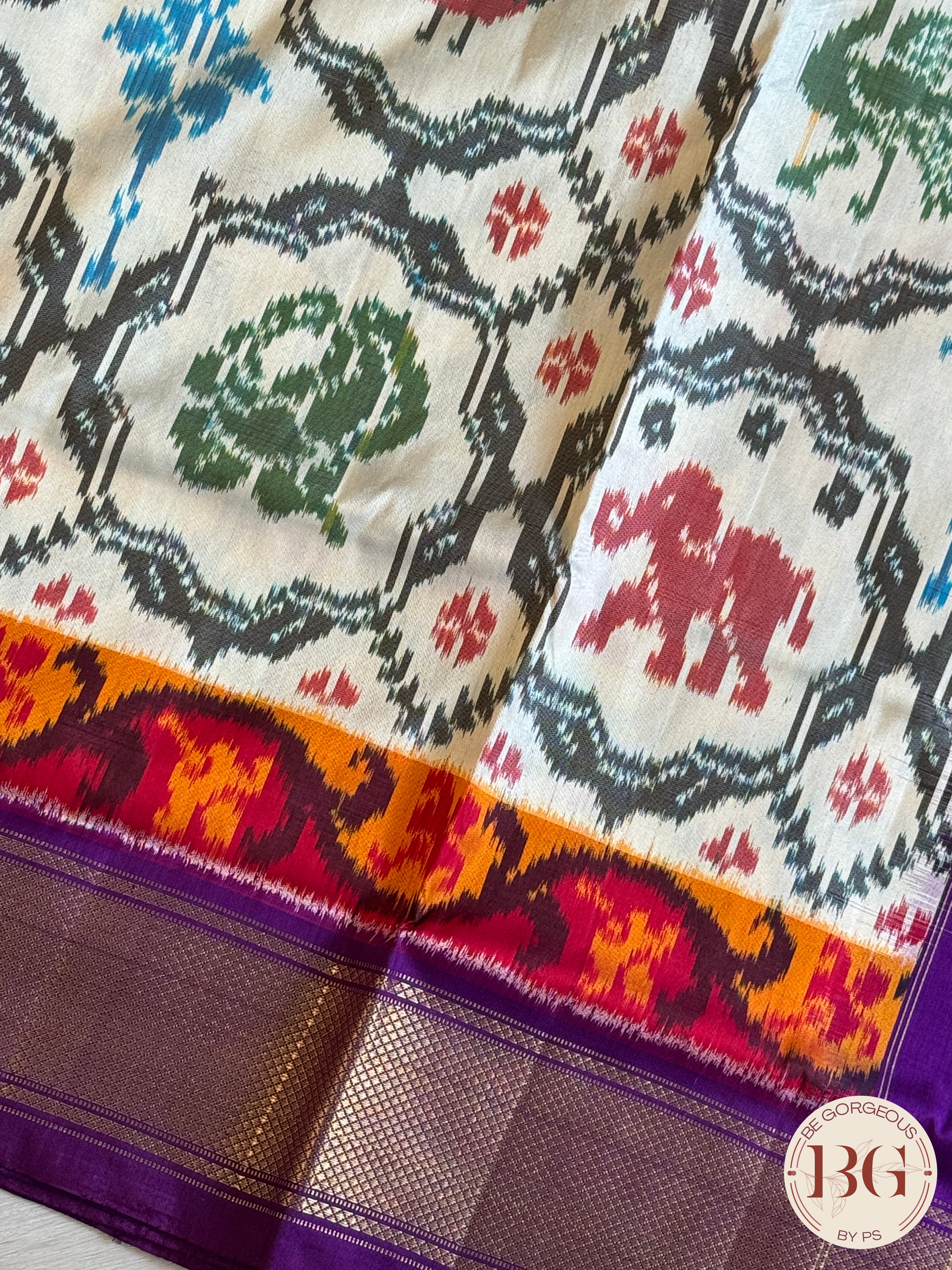 Ikkat Pure silk handloom saree - White Purple