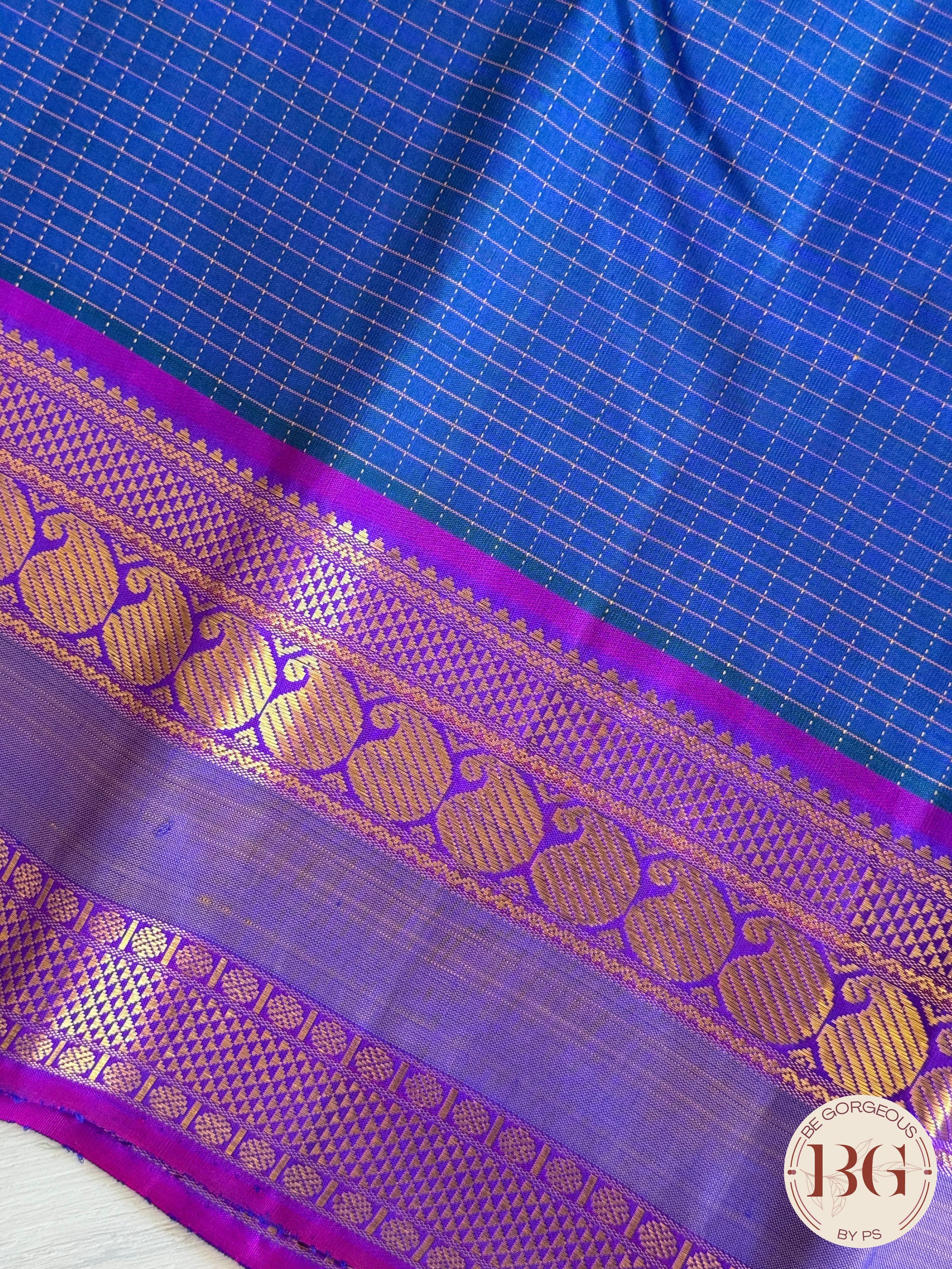 Kanjeevaram pure silk handloom saree - blue purple mini checker