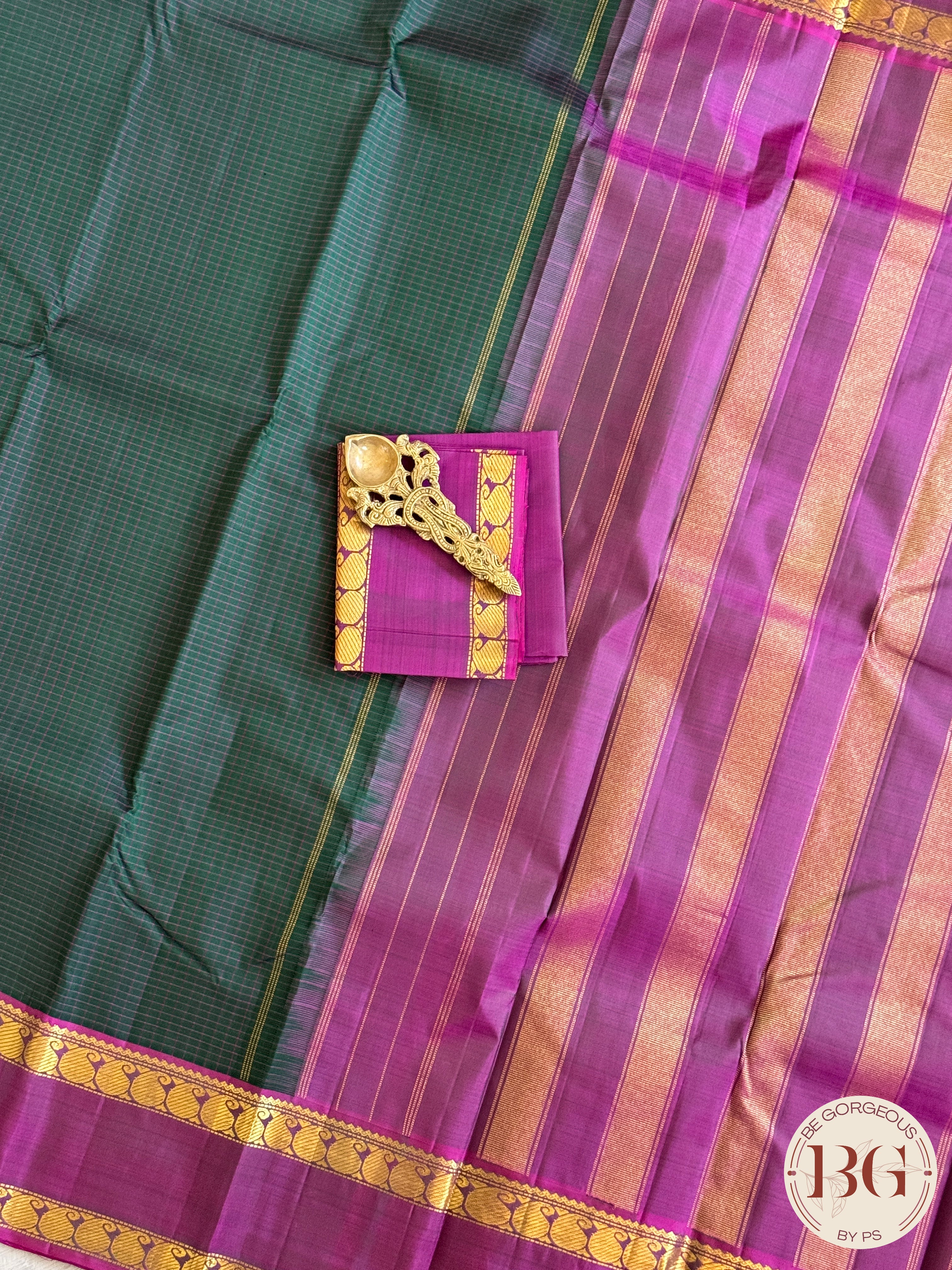Kanjeevaram pure silk handloom saree - green purple mini checker