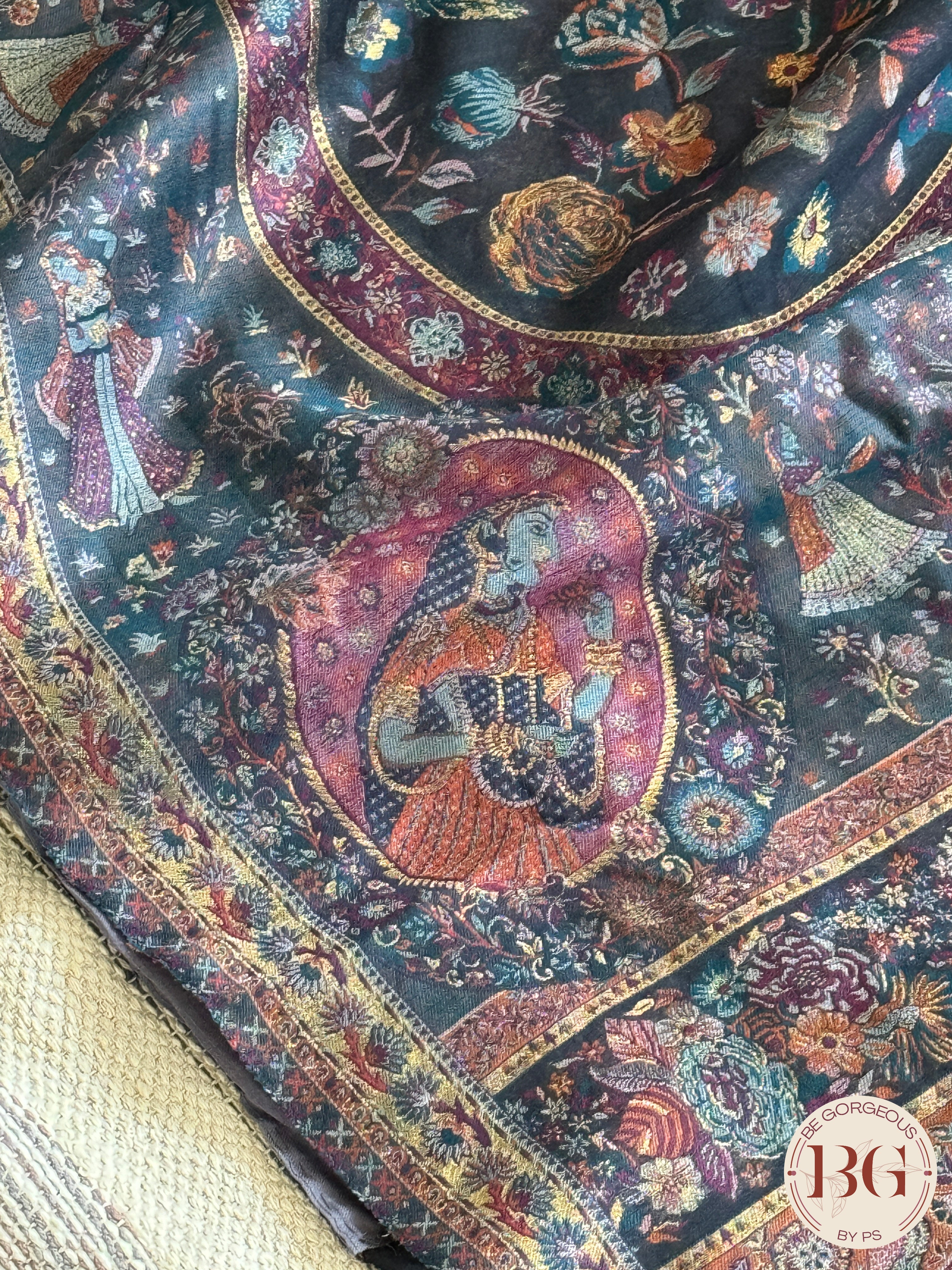 Kani Pure Kashmiri Silk Saree with raja rani ovals - navy blue