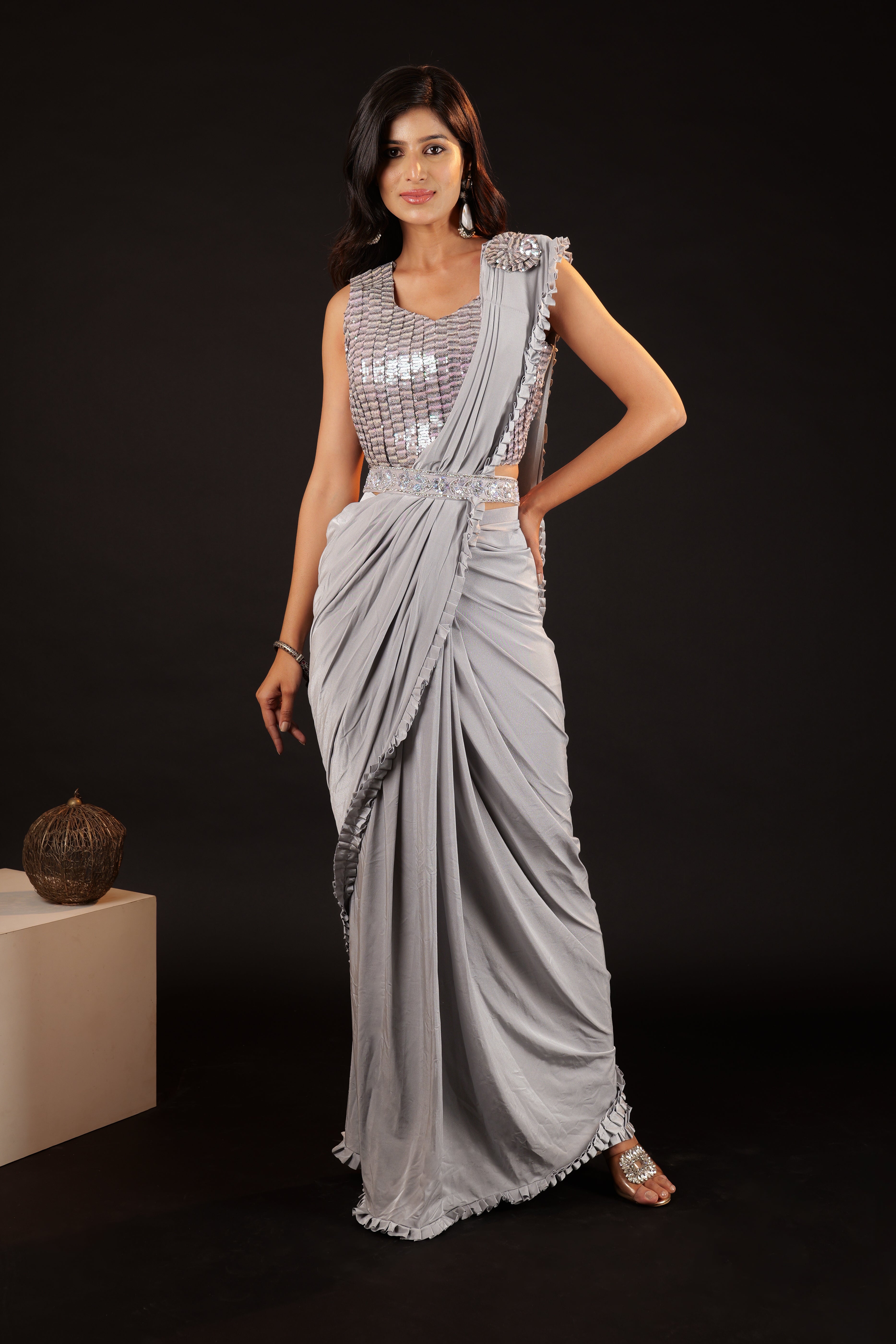 Pre Stitched Saree - grey mauve