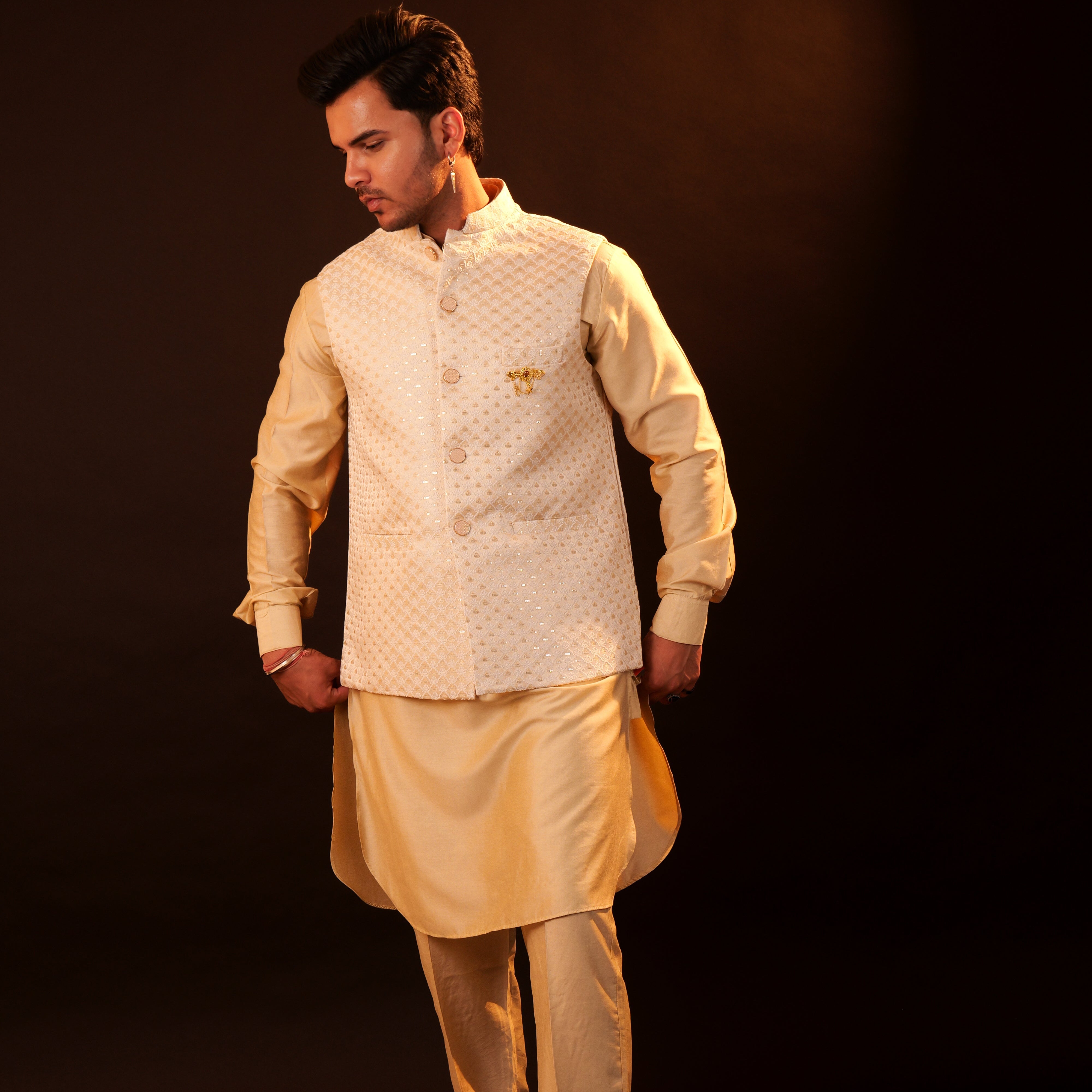 Kurta Pajama Set with Jacket - cream