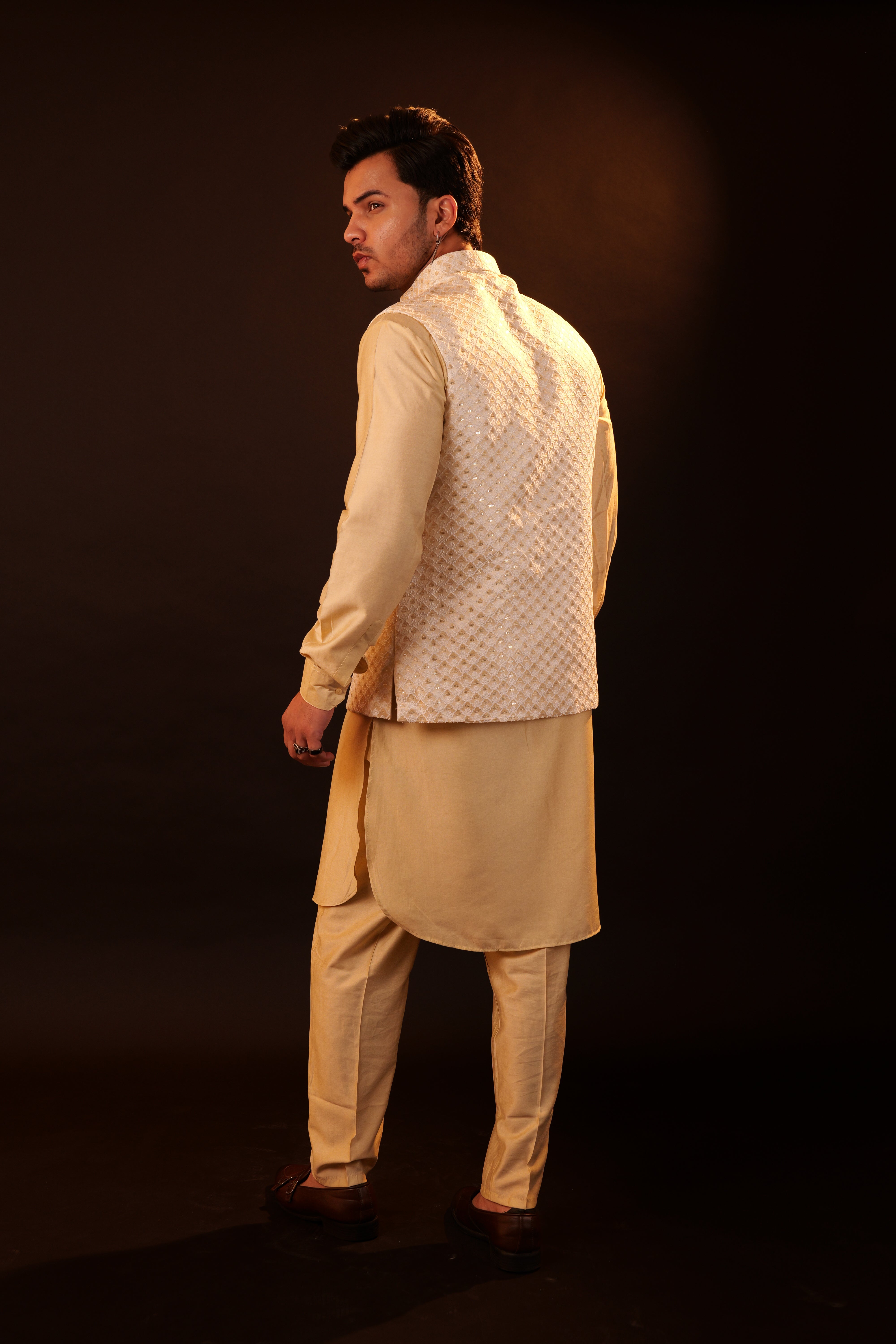 Kurta Pajama Set with Jacket - cream