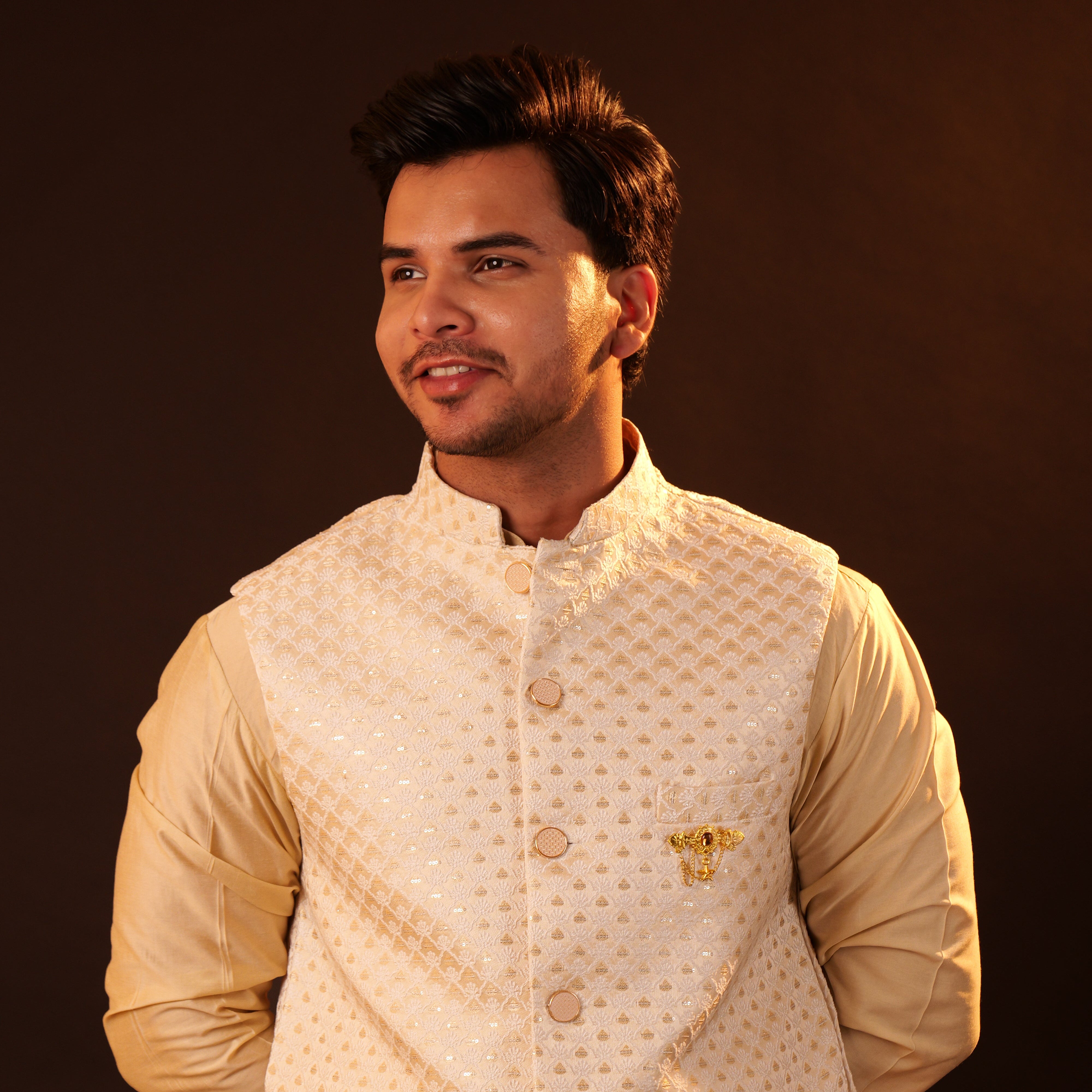 Kurta Pajama Set with Jacket - cream
