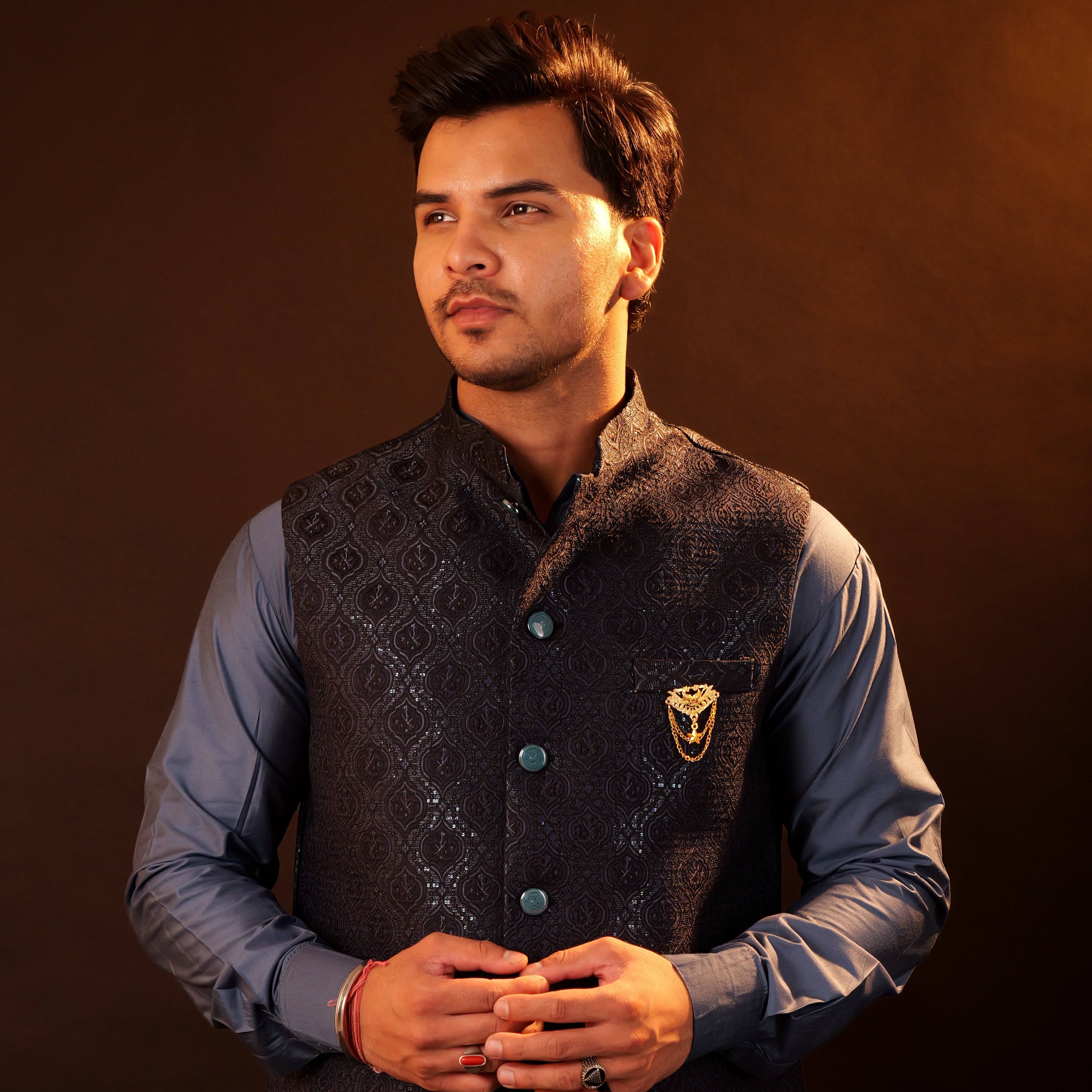 Kurta Pajama Set with Jacket - blue