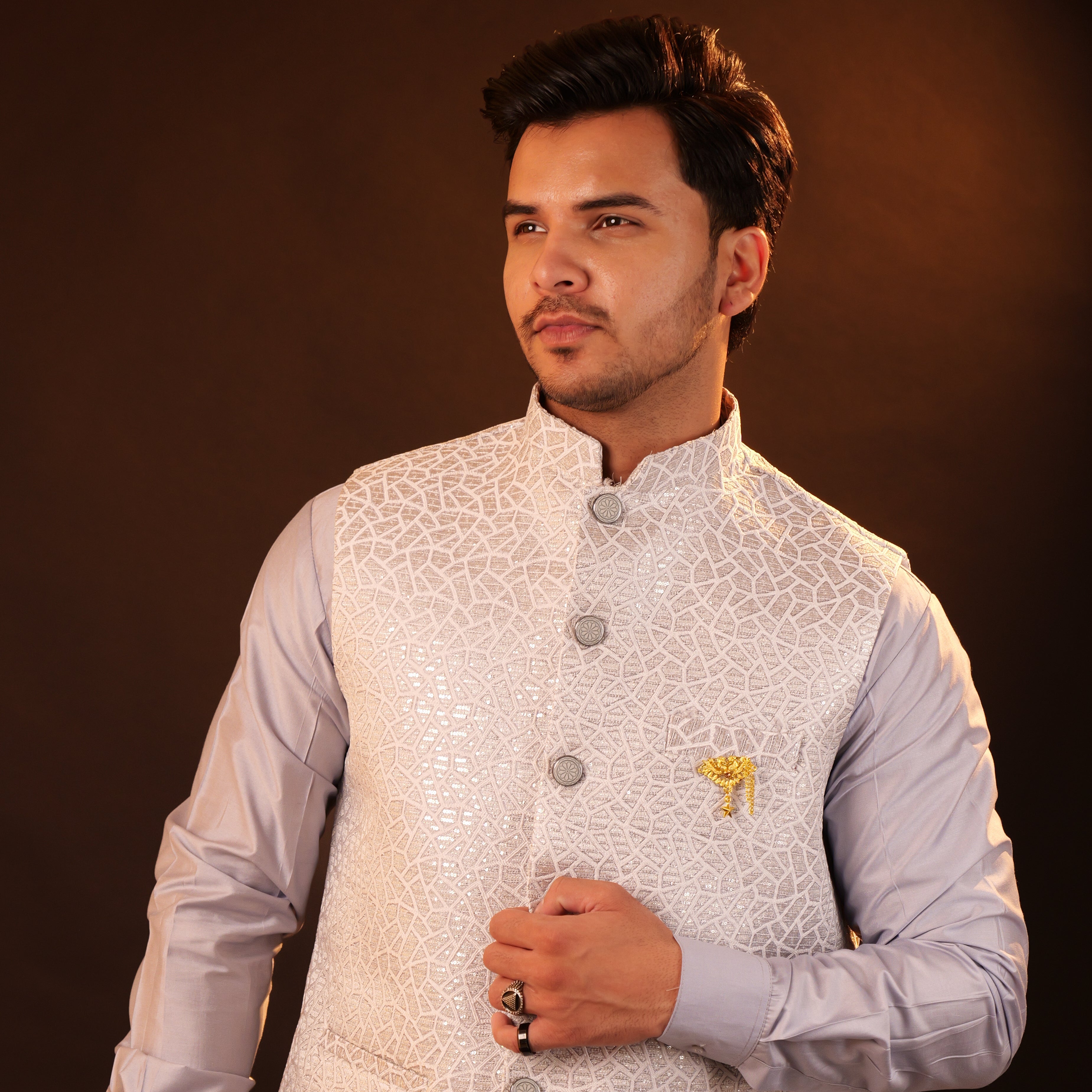 Kurta Pajama Set with Jacket - silver grey