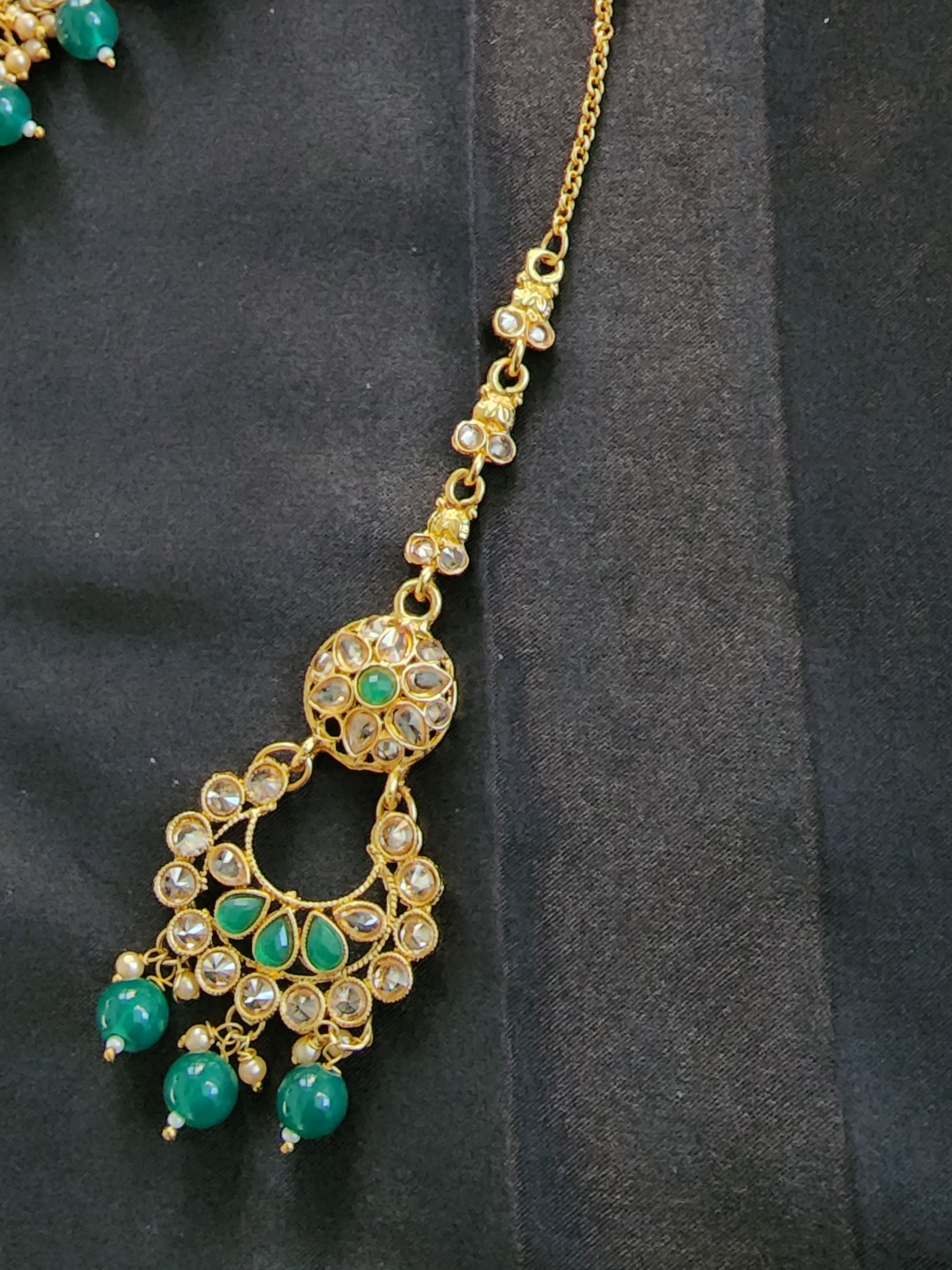 Kundan Choker Necklace Set with maangtika Green