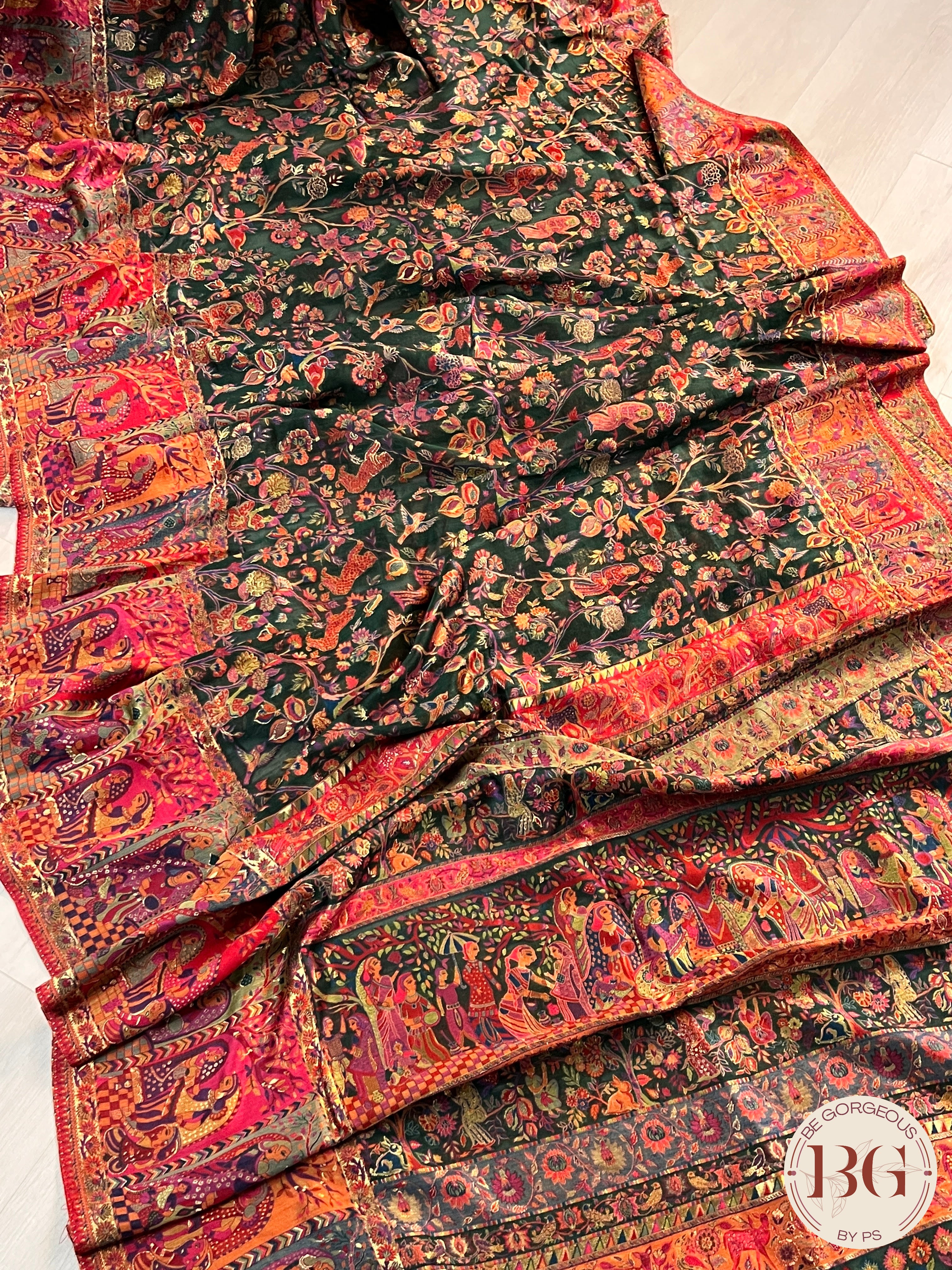 Kani Kashmiri Silk Saree - Bottle green color